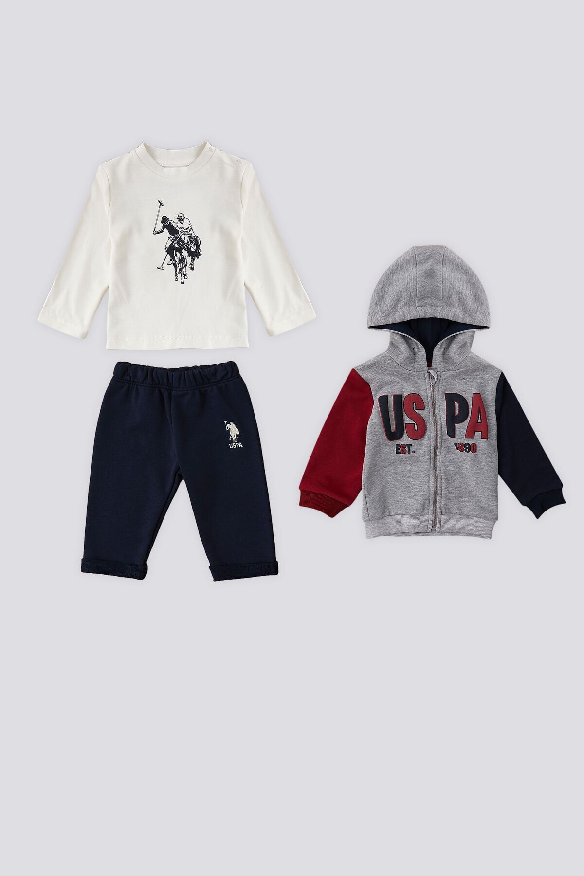 U.S. Polo Assn. U.S. Polo Assn Gri Melanj Fermuarlı Kapüşonlu Bebek 3Lü Takım