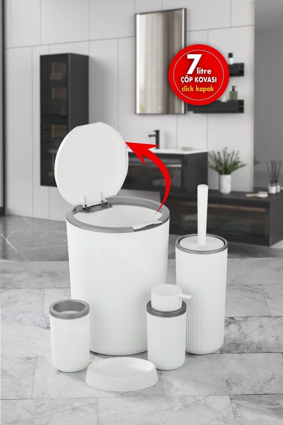 Sas Haus Çöp Kovası Tuvalet Fırçası Sıvı Sabunluk 5 Parça Banyo Seti 7 Litre Beyaz Gri