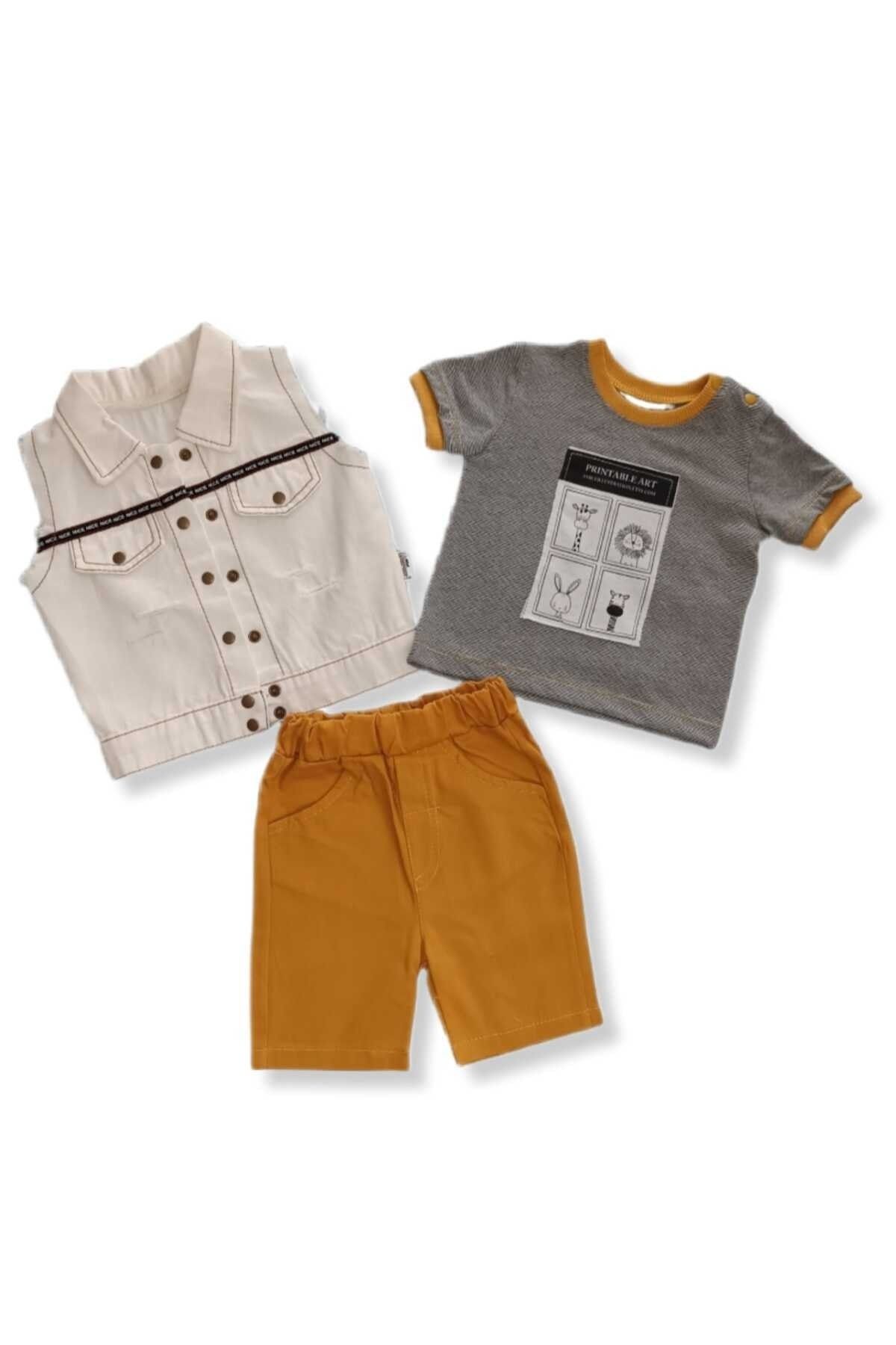 Kids Erkek Bebek/Çocuk tişört kapri pantolon şort yelek 3lü yazlık keten takım (9-18 Ay)