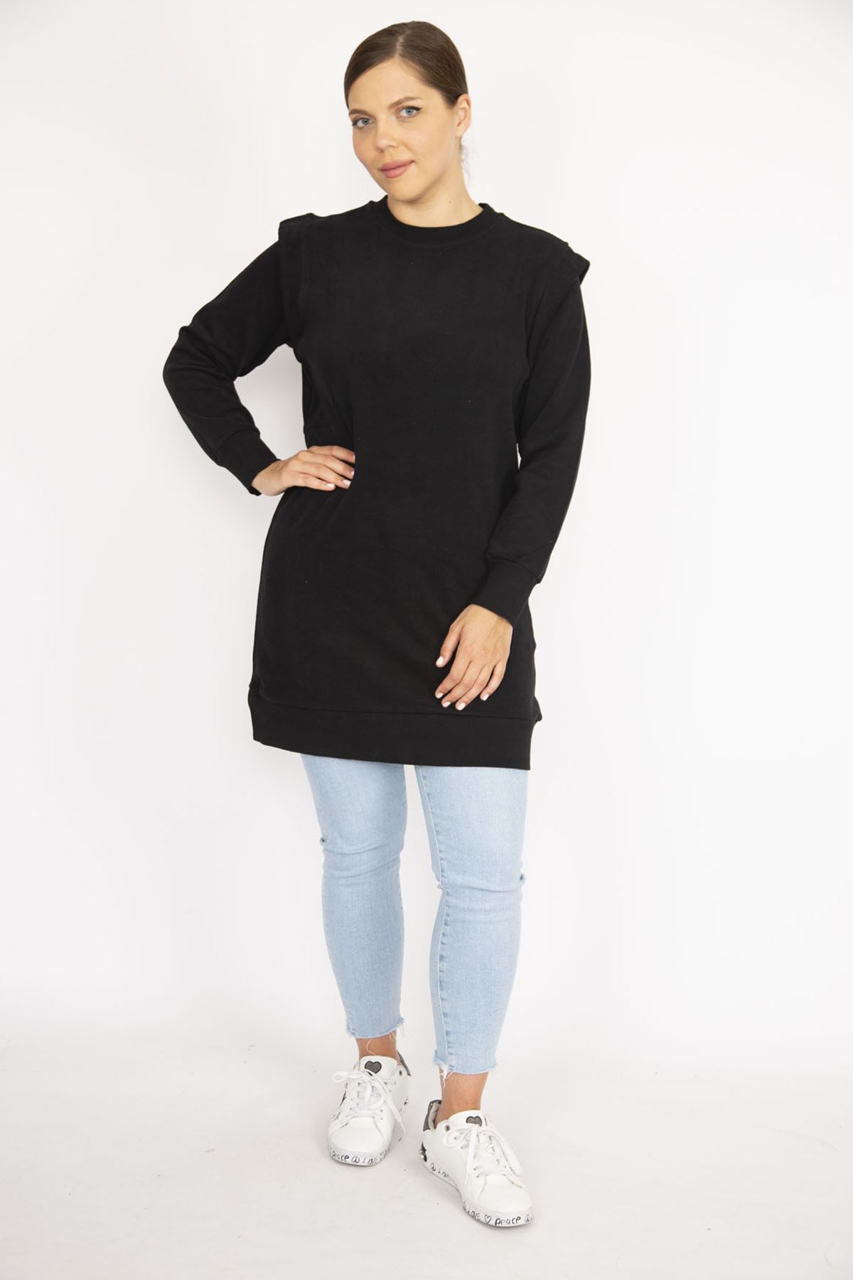 Şans Kadın Büyük Beden Siyah 3 Iplik Omuz Detaylı Sweatshirt Elbise 65n36723