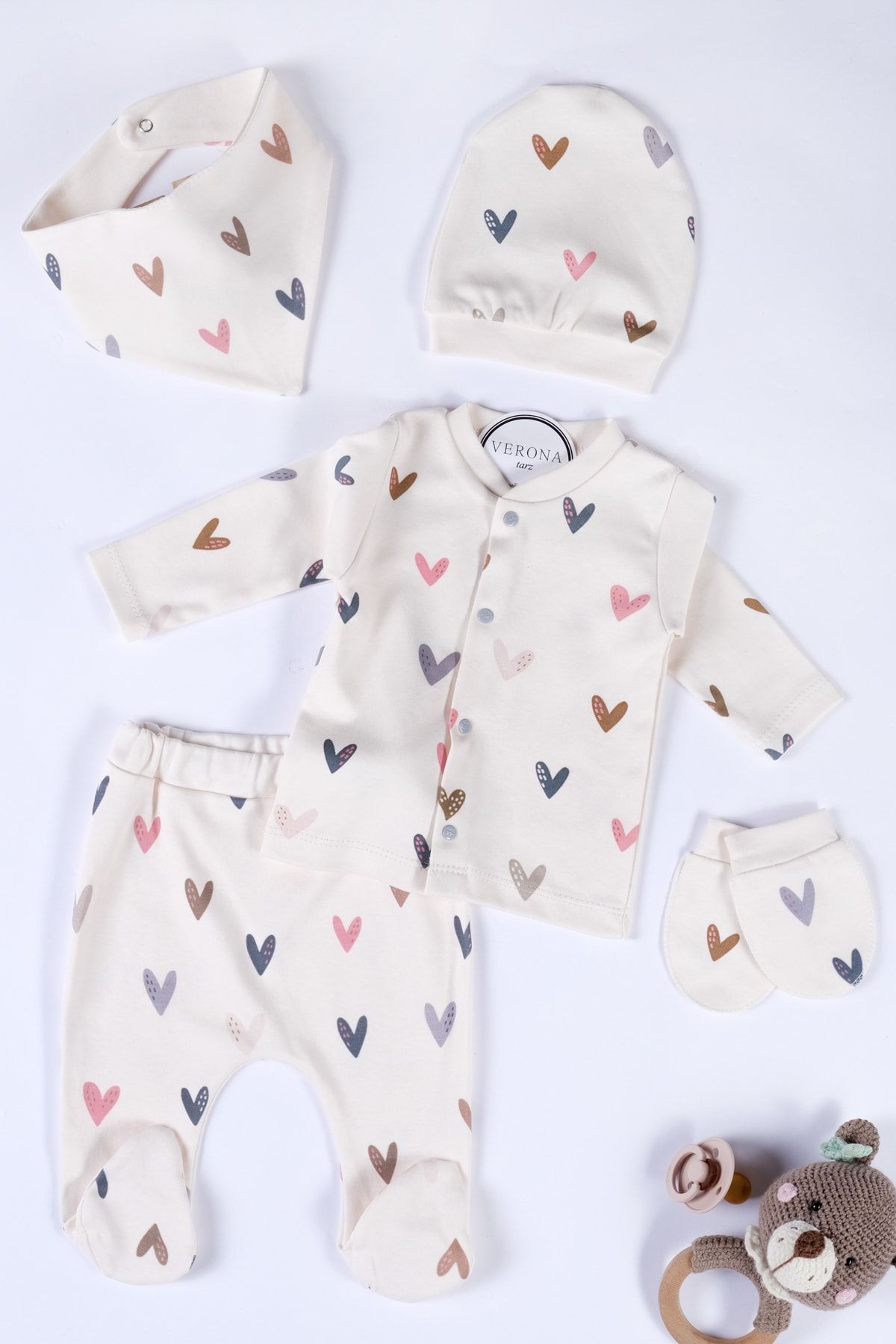 VERONA TARZ Yeni Sezon Kız Erkek Bebek Unisex Desenli Organik Pamuk 5li Hastane Çıkışı Yenidoğan Kıyafeti