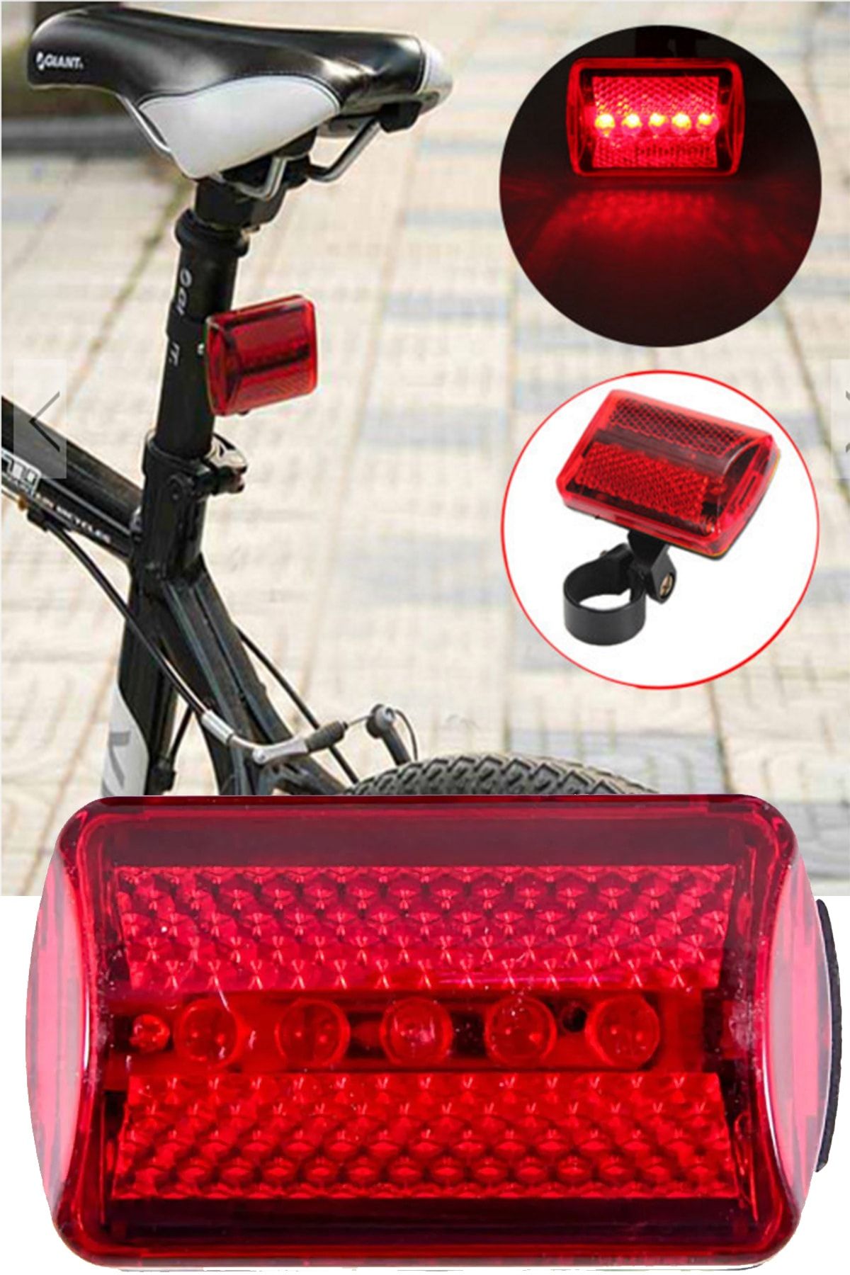 Zeyd Ticaret 5 Ledli Kırmızı Bisiklet Arka Stop Ikaz Lambası 7 Modlu Led Işık Dağ Bisiklet Yarış Aksesuar