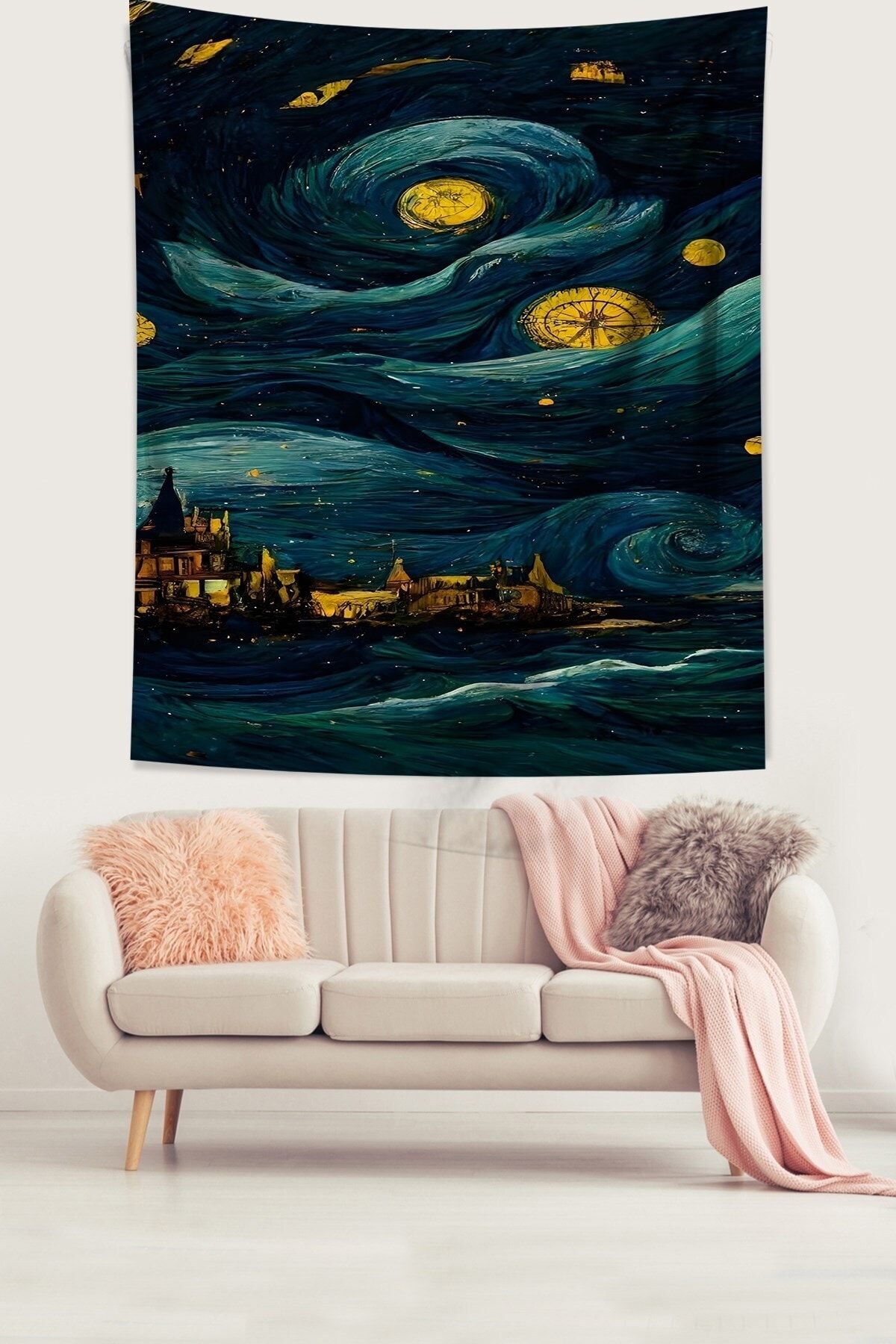 on the clouds Van Gogh Yıldızlı Gece Tasarımlı Leke Tutmaz Kumaş Duvar Örtüsü Duvar Halısı Tapestry