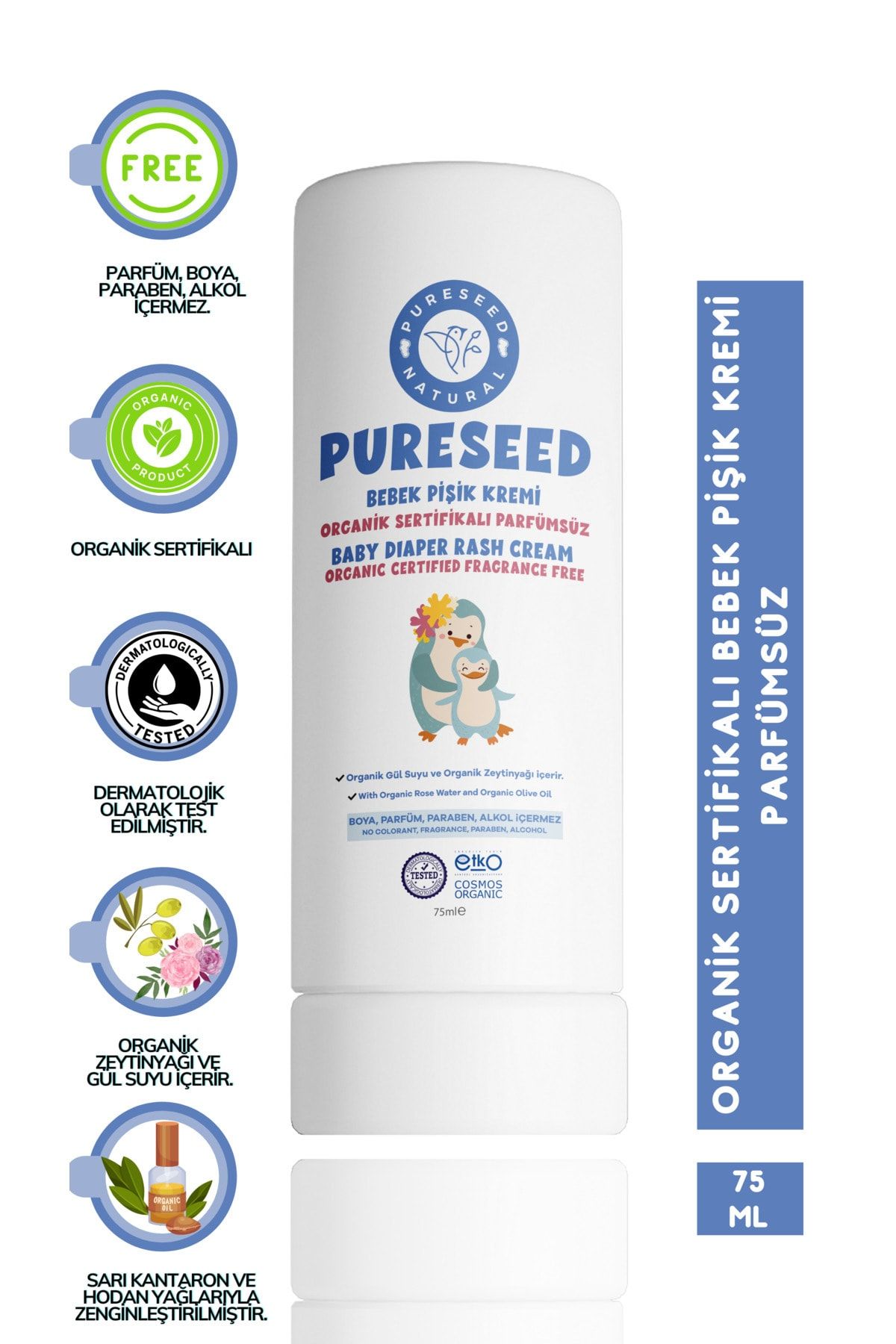 PURESEED NATURAL Organik Sertifikalı Bebek Pişik Kremi Parfümsüz - 75 ml