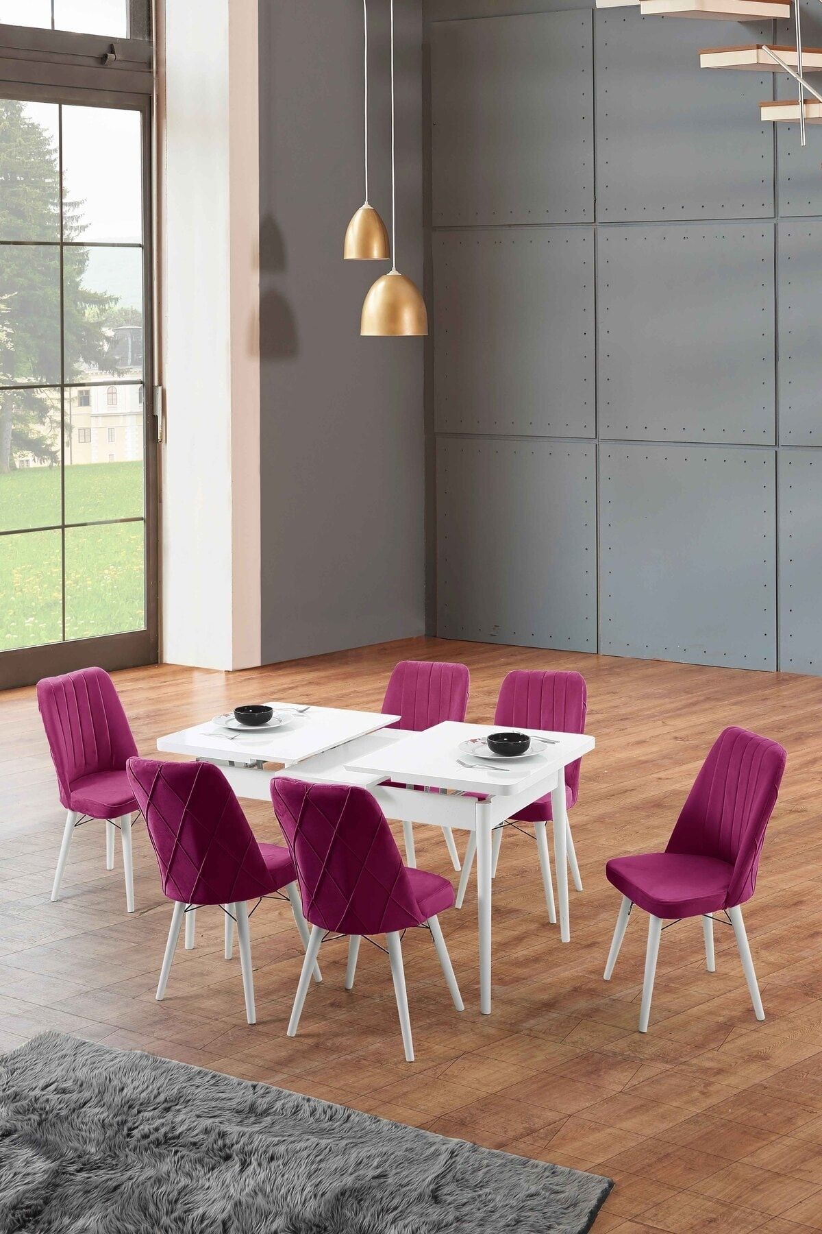 Morkese Home Consept Lori Beyaz 80x130 Açılabilir 6 Sandalye Silinebilir Kumaş Mutfak Masası Takımı Yemek Masası Takımı