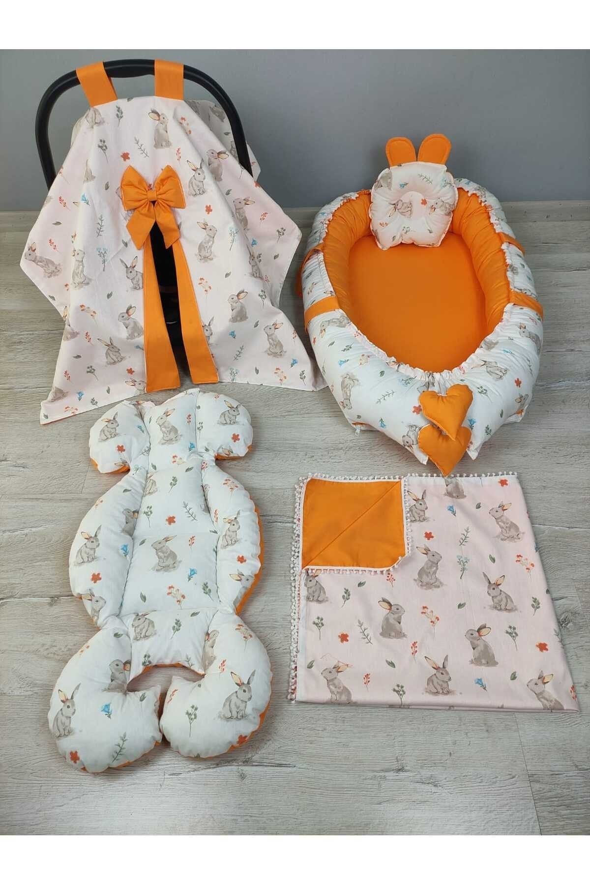 BABYNEST SEPETi Babynest, Tatlı Tavşan Desen ve Turuncu Renk Kombin Orijinal Bebek Yatağı Seti