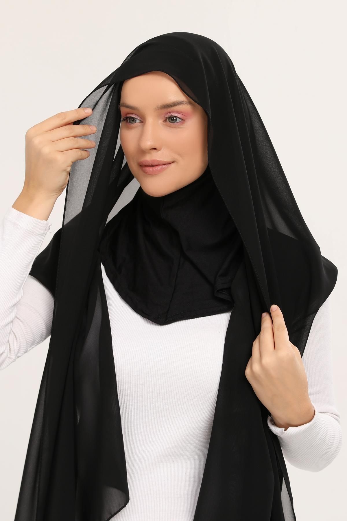 Altobeh Hazır Lüks Pratik Hijablı Şifon Şal Siyah