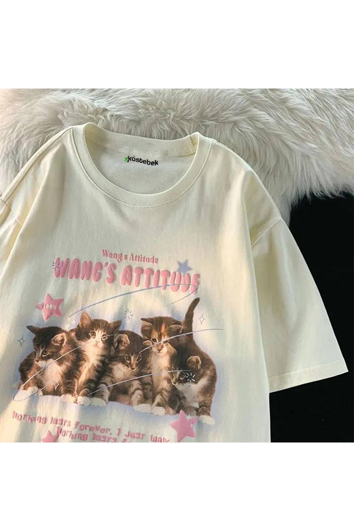 Köstebek Wang's Attitude Sweet Cats Krem Kısa Kollu Tshirt