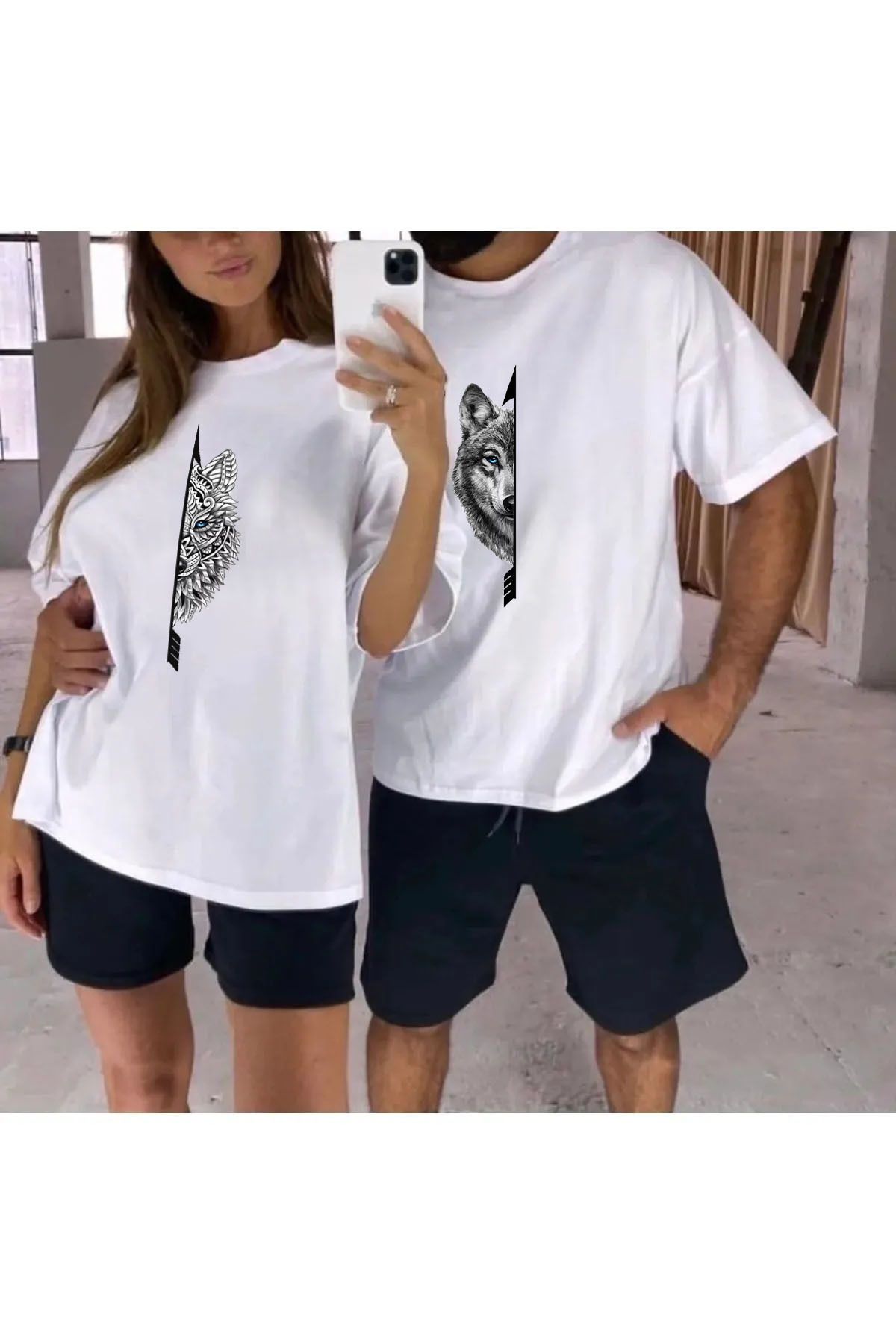 FRADOTEX Kurt Çiftler Renkli Göz Yarı Baskılı Sevgili Çift Kombini Oversize 2'li Şort -T-Shirt