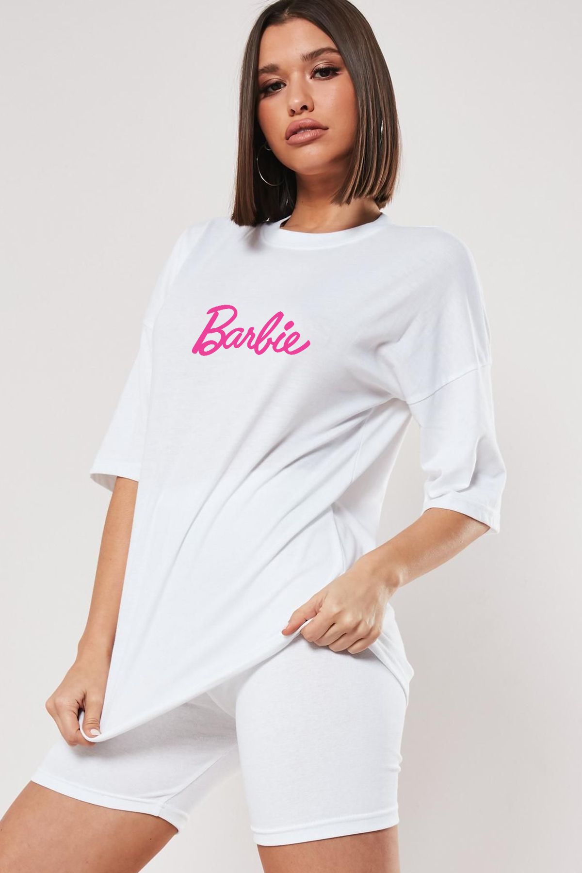 Terapi Men Unisex Beyaz Bisiklet Yaka Önü Barbie Baskılı Oversize T-shirt
