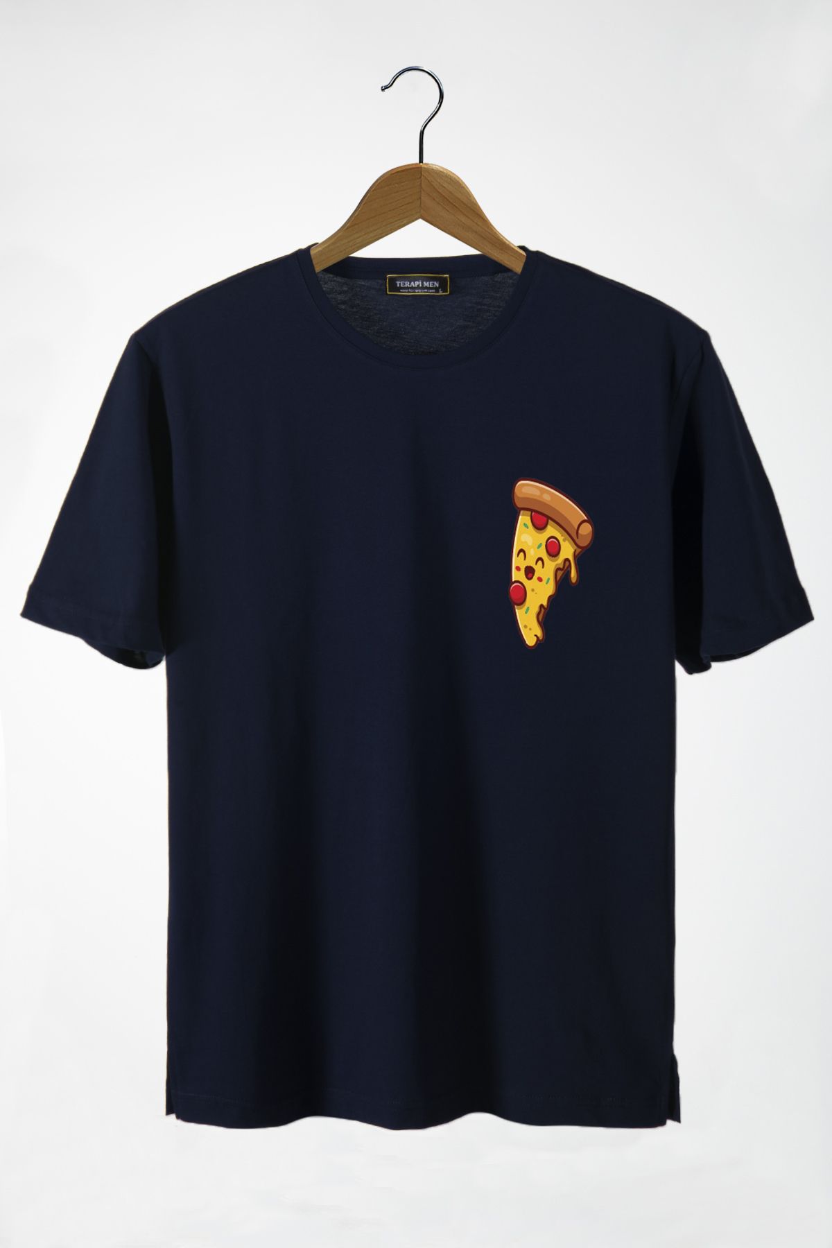 Terapi Men Unisex Lacivert Önü Pizza Dilimi Baskılı Bisiklet Yaka Oversize Pamuklu T-shirt