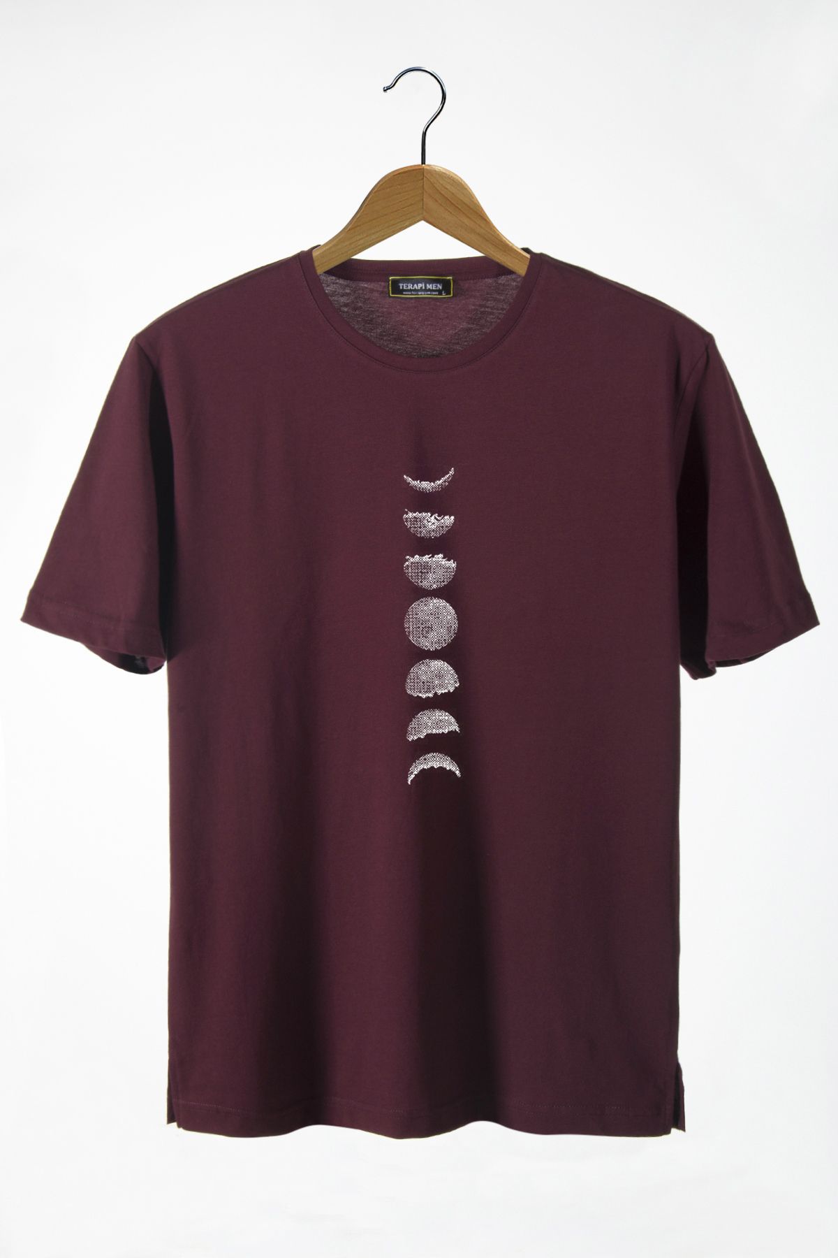 Terapi Men Unisex Bordo Önü Ay'ın Evreleri Baskılı Bisiklet Yaka Oversize Kalıp Basic Pamuklu T-Shirt