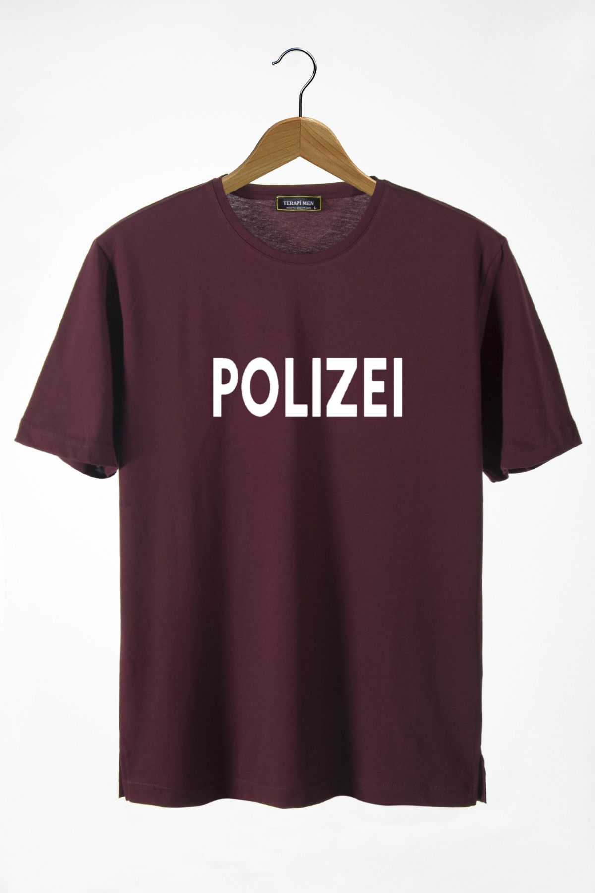 Terapi Men Unisex Bordo Önü Polizei Baskılı Bisiklet Yaka Oversize Kalıp Basic Pamuklu T-Shirt