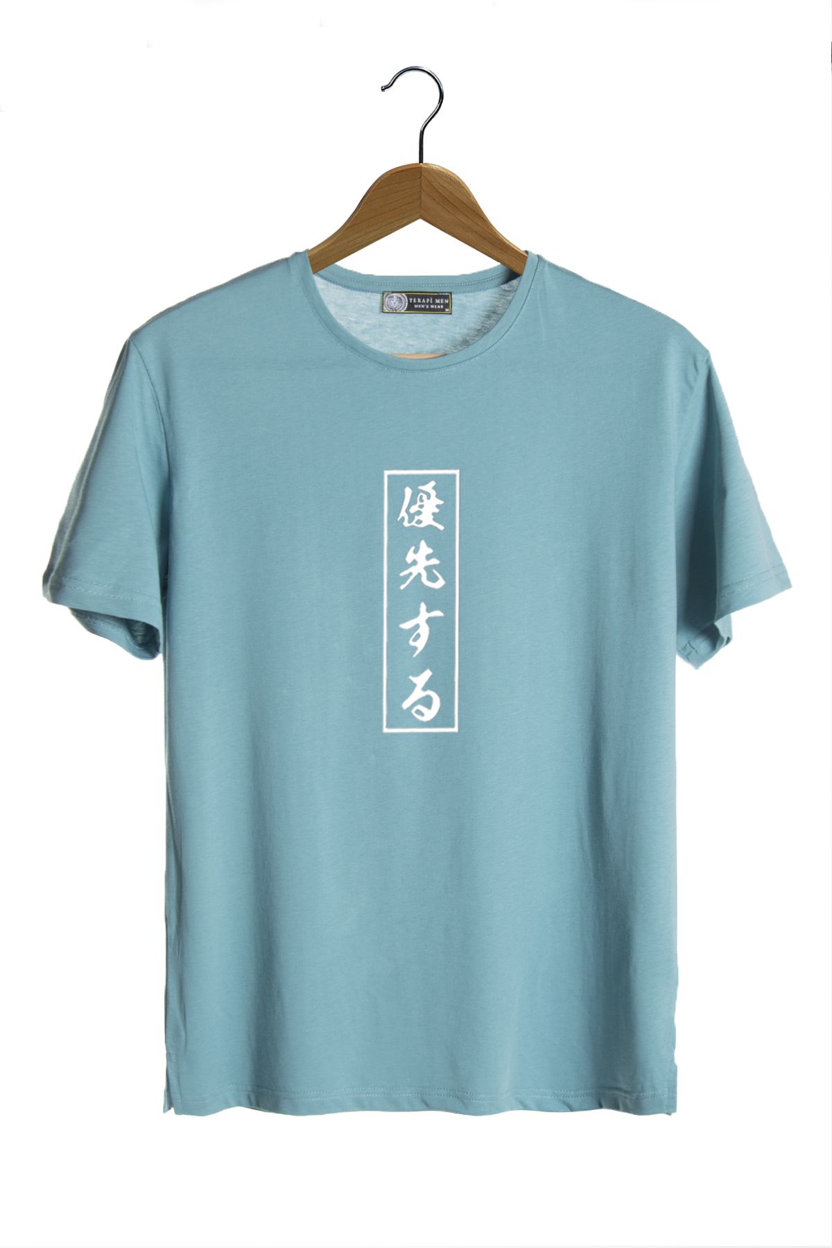Terapi Men Unisex Turkuaz Bisiklet Yaka Önü Japonca Baskılı Oversize T-shirt