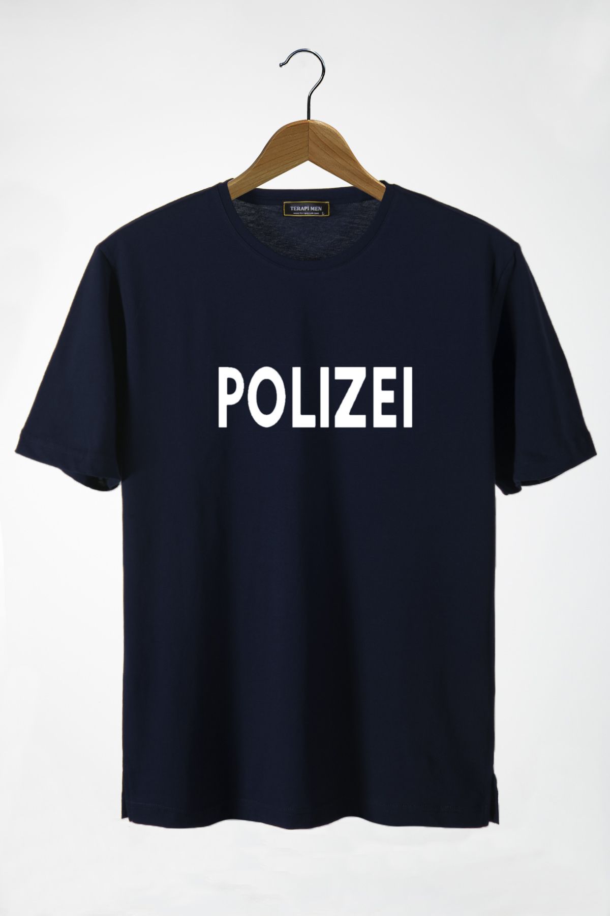 Terapi Men Unisex Lacivert Önü Polizei Baskılı Bisiklet Yaka Oversize Pamuklu T-shirt