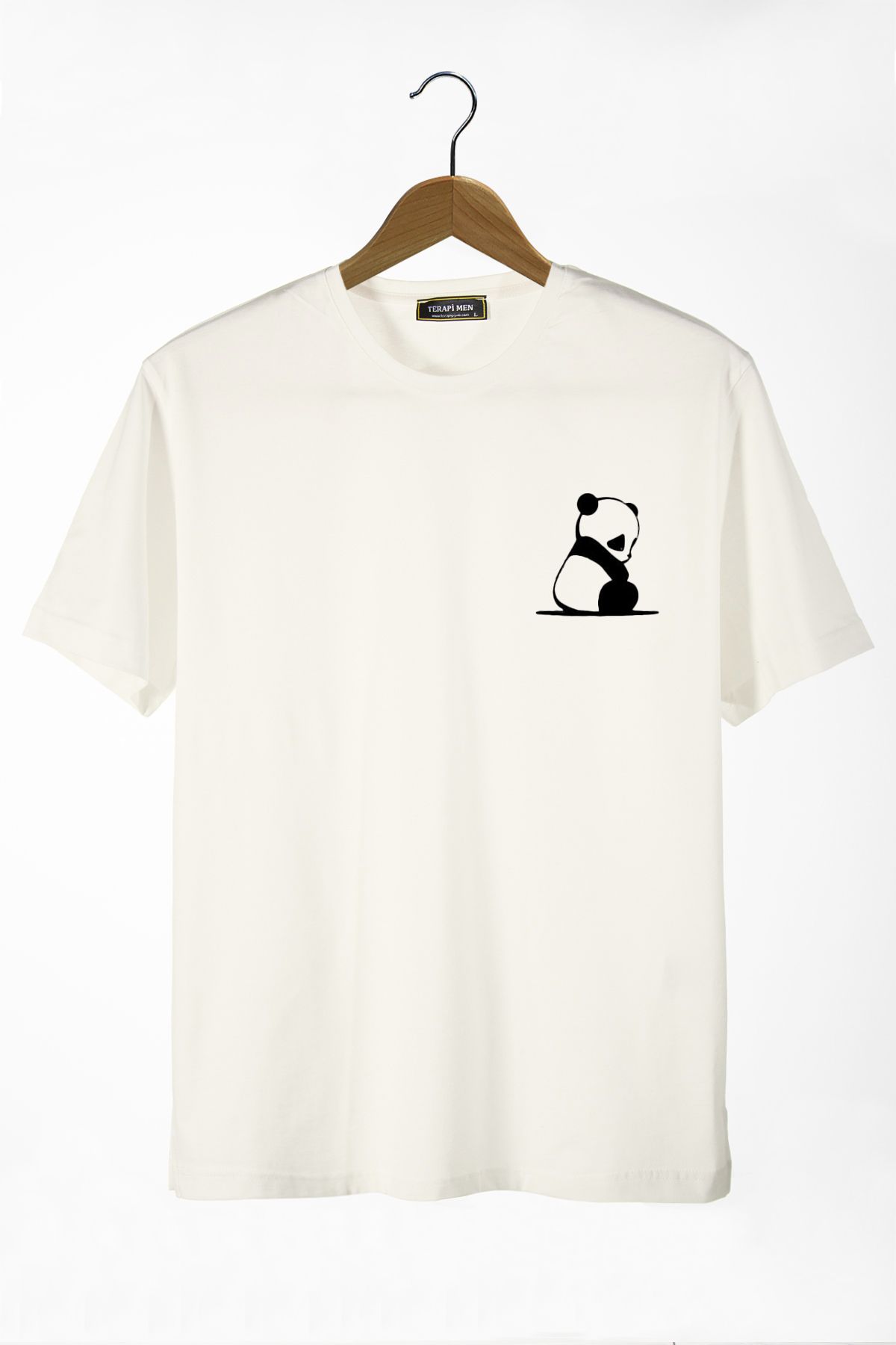 Terapi Men Unisex Ekru Önü Panda Baskılı Bisiklet Yaka Oversize Kalıp Basic Pamuklu T-Shirt