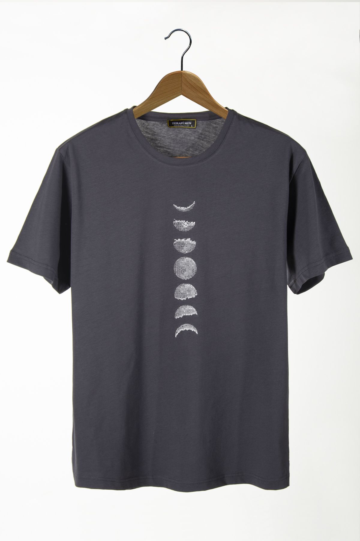 Terapi Men Unisex Antrasit Önü Ay'ın Evreleri Baskılı Bisiklet Yaka Oversize Kalıp Basic Pamuklu T-Shirt