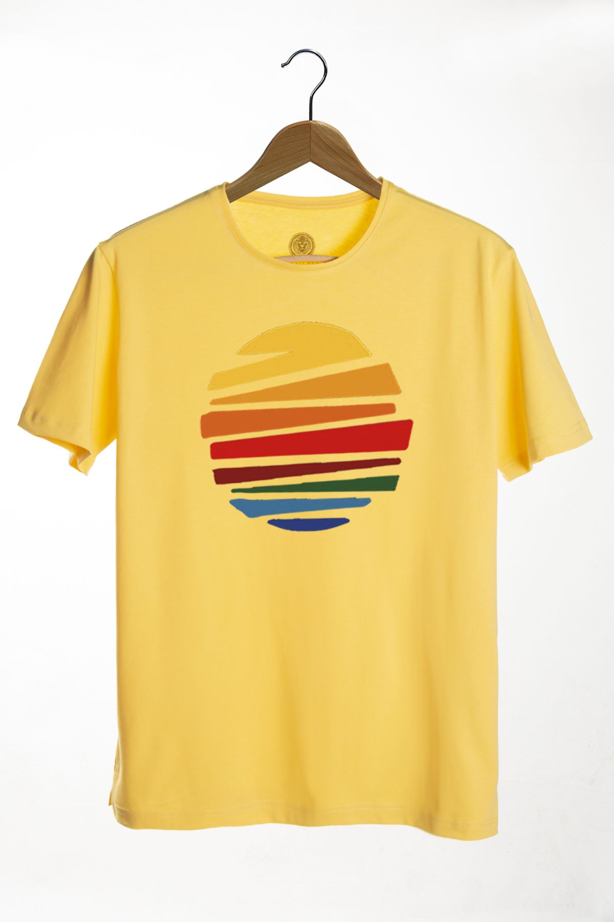 Terapi Men Unisex Sarı Bisiklet Yaka Önü Güneş Baskılı Oversize T-shirt