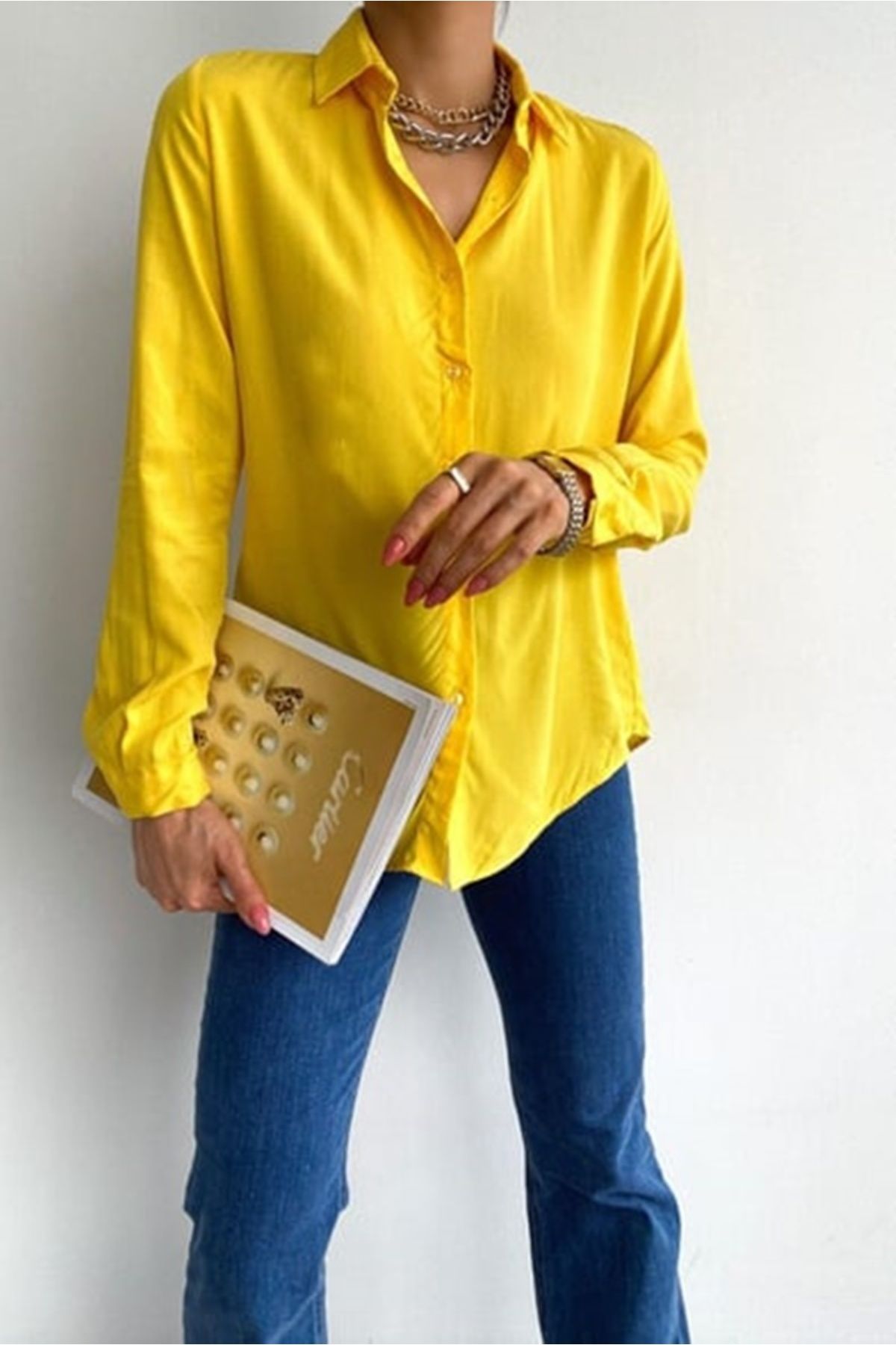 Mossta Basic Dökümlü Dokuma Viskon Kadın Minnesota Gömlek Sarı