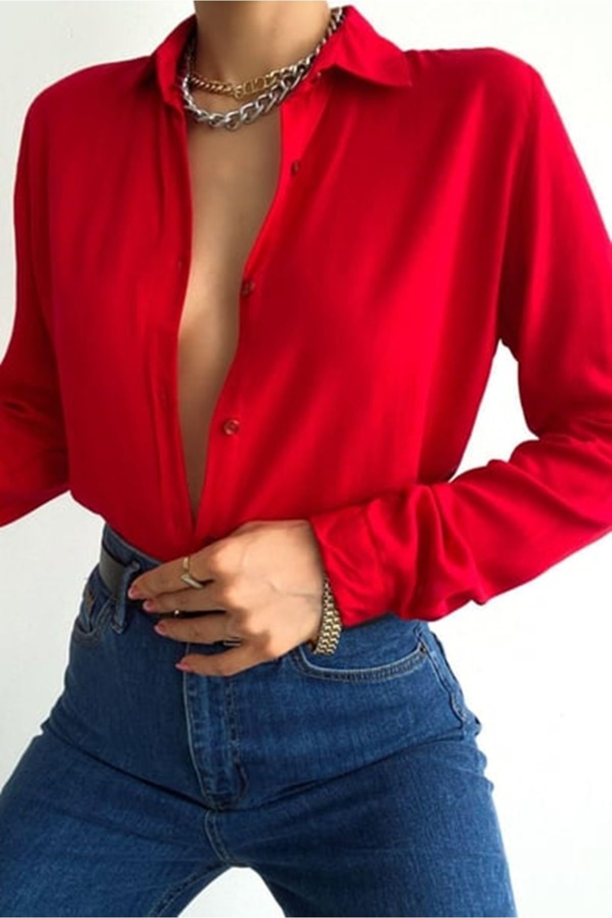 Mossta Basic Dökümlü Dokuma Viskon Kadın Minnesota Gömlek Kırmızı