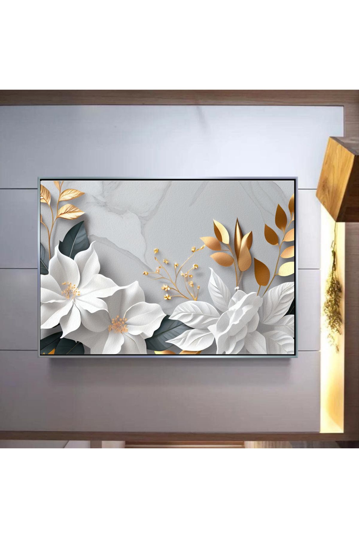 Markazip Beyaz Gold Çiçekler Gümüş Metal Çerçeveli 70x120cm Kanvas Tablo Ctn77-k
