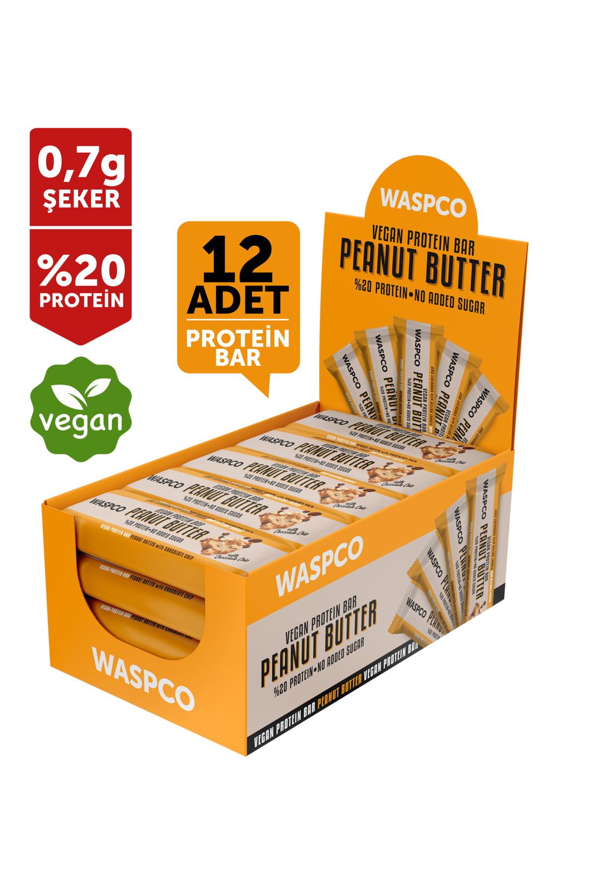 Waspco Vegan Protein Bar Fıstık Ezmeli Çikolata Parçalı 40g x 12 Adet