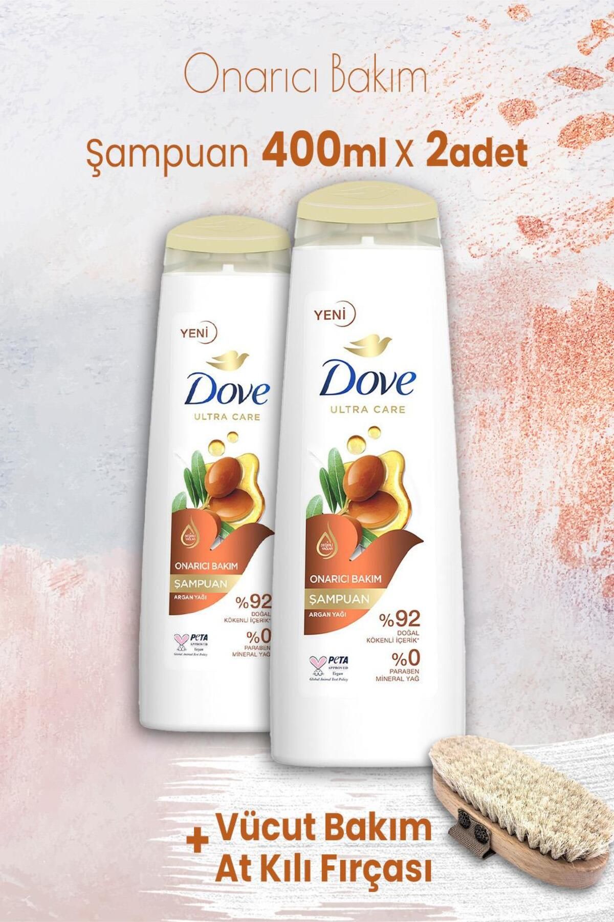 Dove Ultra Care Onarıcı Bakım Argan Yağı Şampuan 400 ml x 2 Adet ve Vücut Bakım At Kılı Fırçası