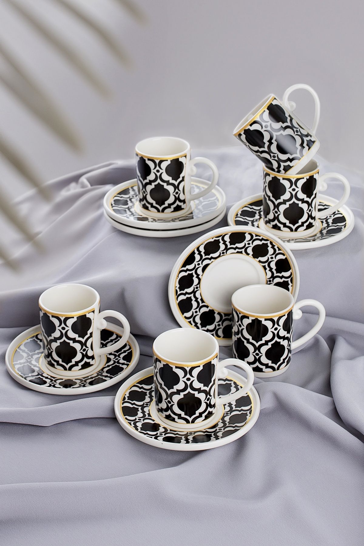 Tulü Porselen Semazen 6 Kişilik 12 Parça Altın Yaldızlı Türk Kahvesi Fincan Takımı - Siyah Beyaz