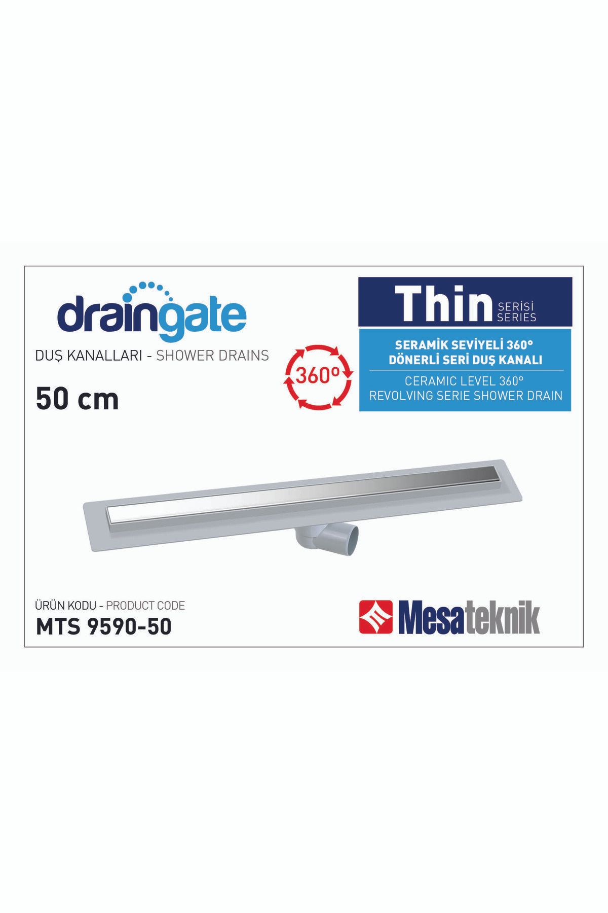 Mesateknik Draingate® Thin Serisi Seramik Seviyeli 360° Dönerli Seri Duş Süzgeci 50cm