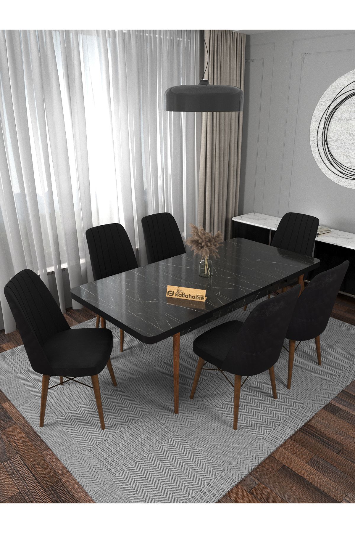 Kaffahome Riff Serisi Siyah 80x130 Açılır Yemek Masası , Yemek Masa Takımı 6 Siyah Sandalye