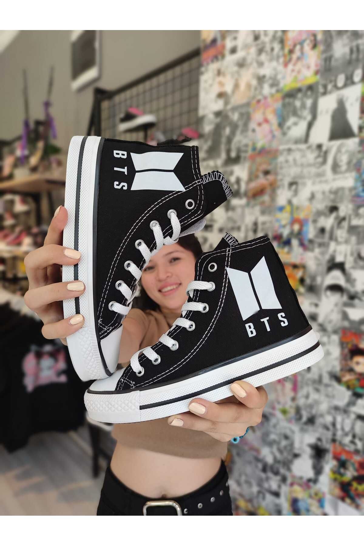 MECH BUTİK Unisex Siyah Bts Logo Baskılı Keten Bilekli Sneaker Spor Ayakkabı