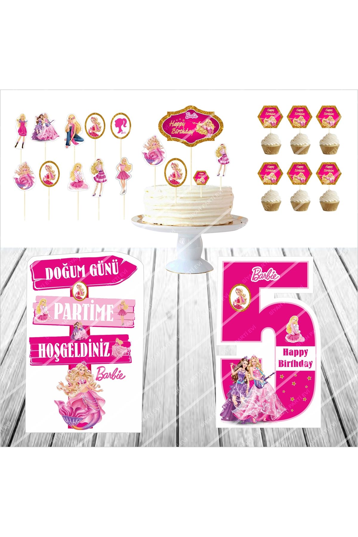 SİYAH PARTİ EVİ Barbie 5 Yaş Doğum Günü Maketi / Pasta Süsü Seti