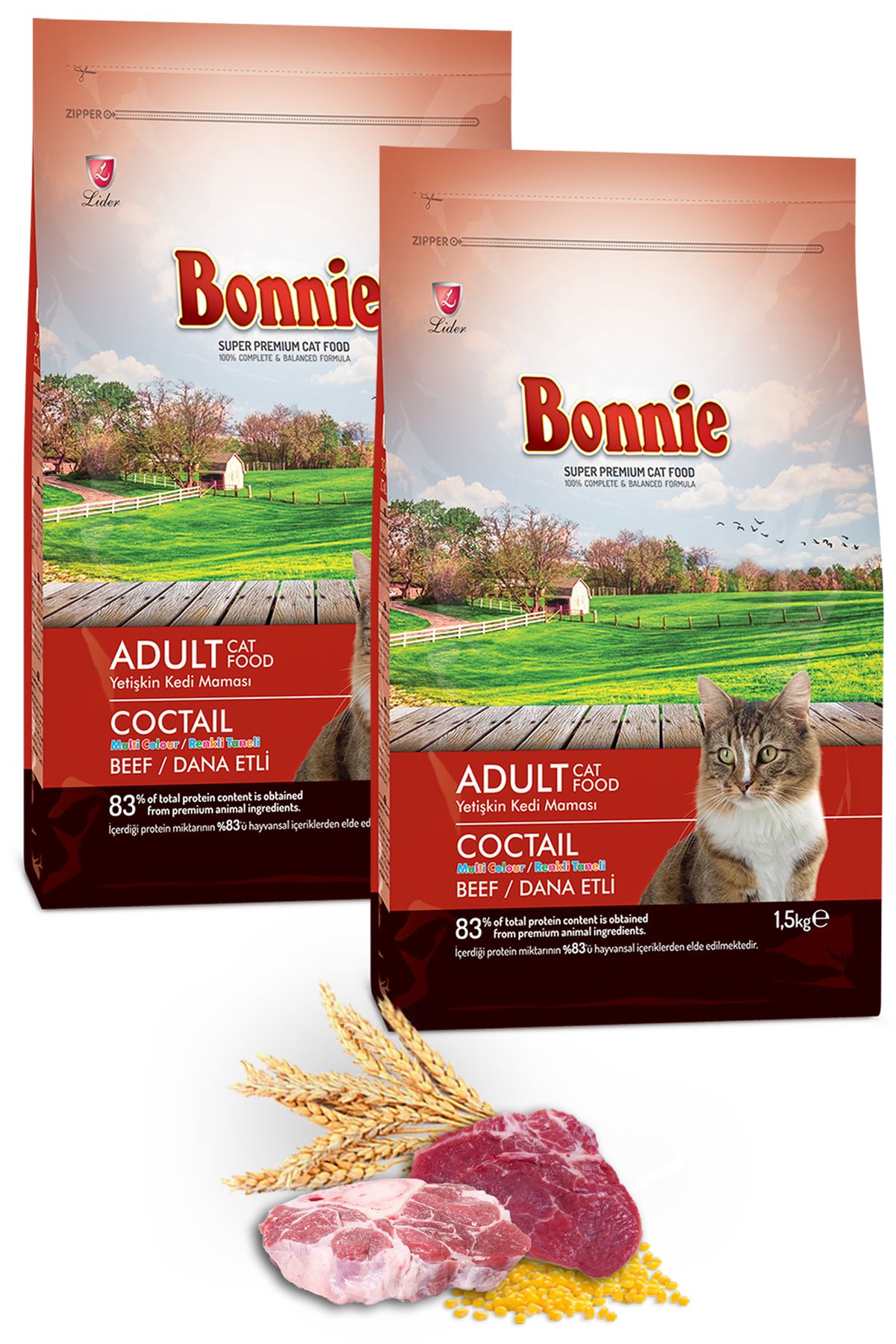 Bonnie Renkli Taneli Dana Etli Yetişkin Kedi Maması 1,5 Kg X 2