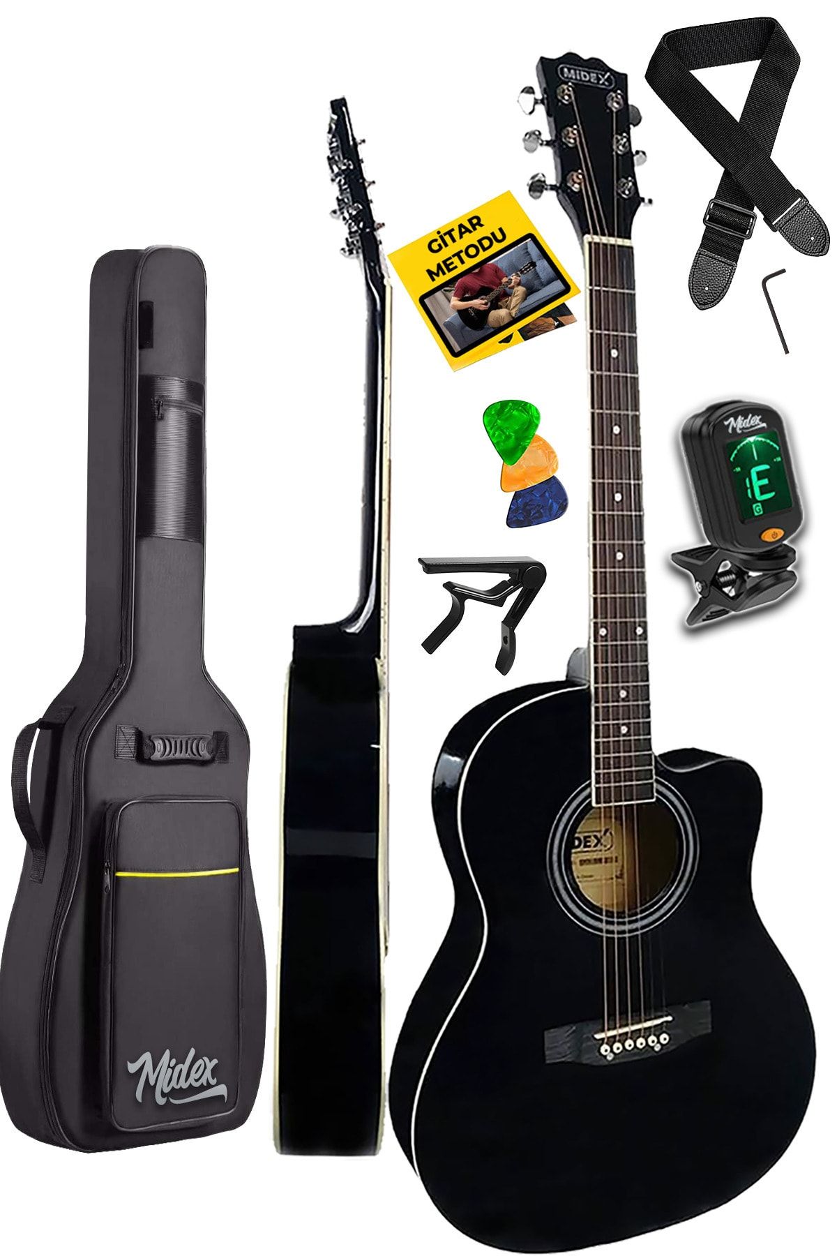 Midex Kesik Kasa Siyah Akustik Gitar 4/4 Yetişkin Boy Grx39bk (ÇANTA ASKI TUNER CAPO PENA)