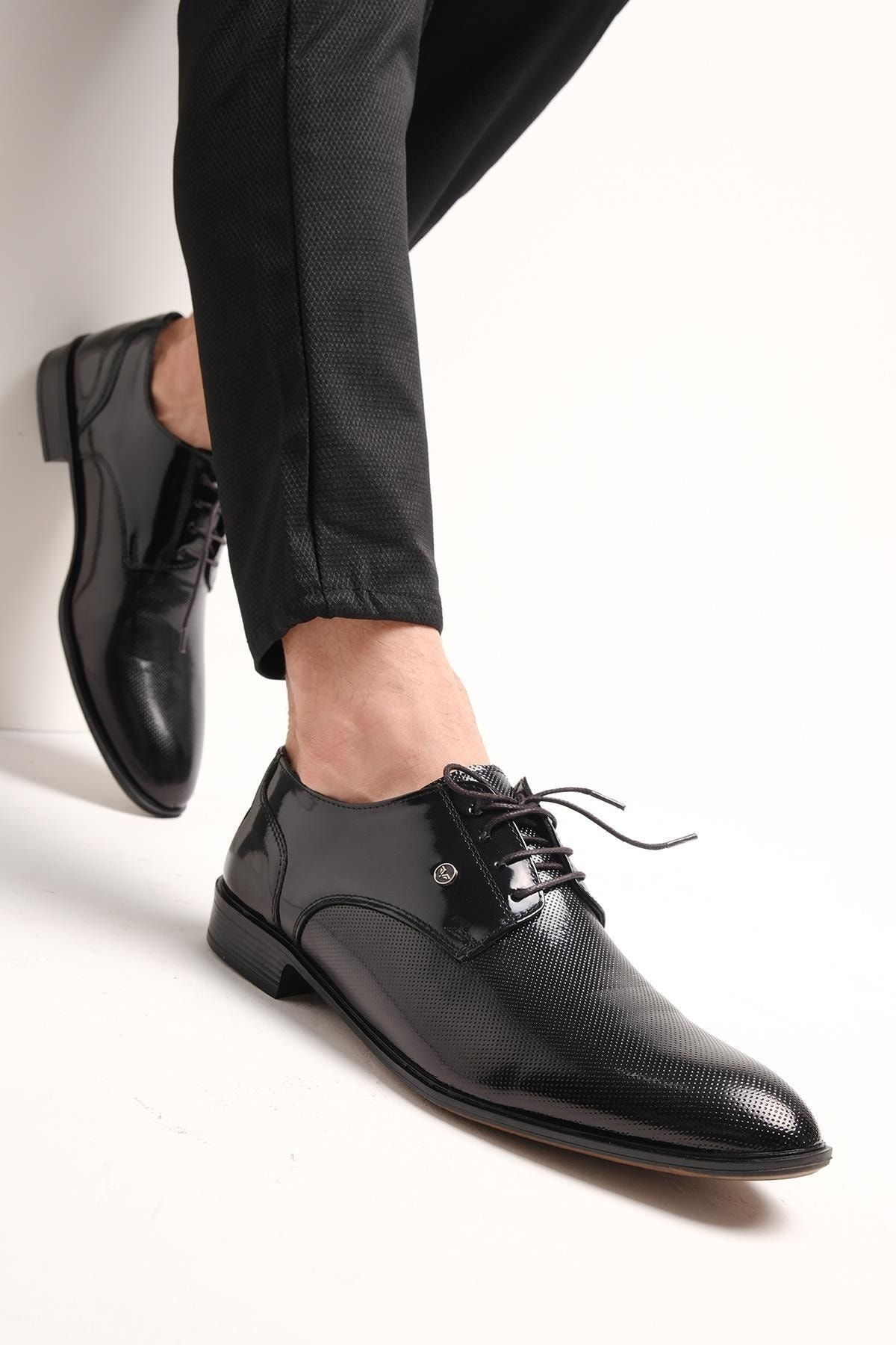 Oksit Falc 102 Rozet Detaylı Dokulu Siyah Rugan Erkek Klasik Ayakkabı