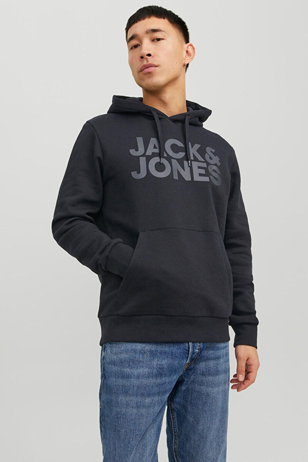 Jack & Jones Erkek Jjecorp Kanguru Cepli Kapüşonlu Sweatshirt 12152840 Siyah