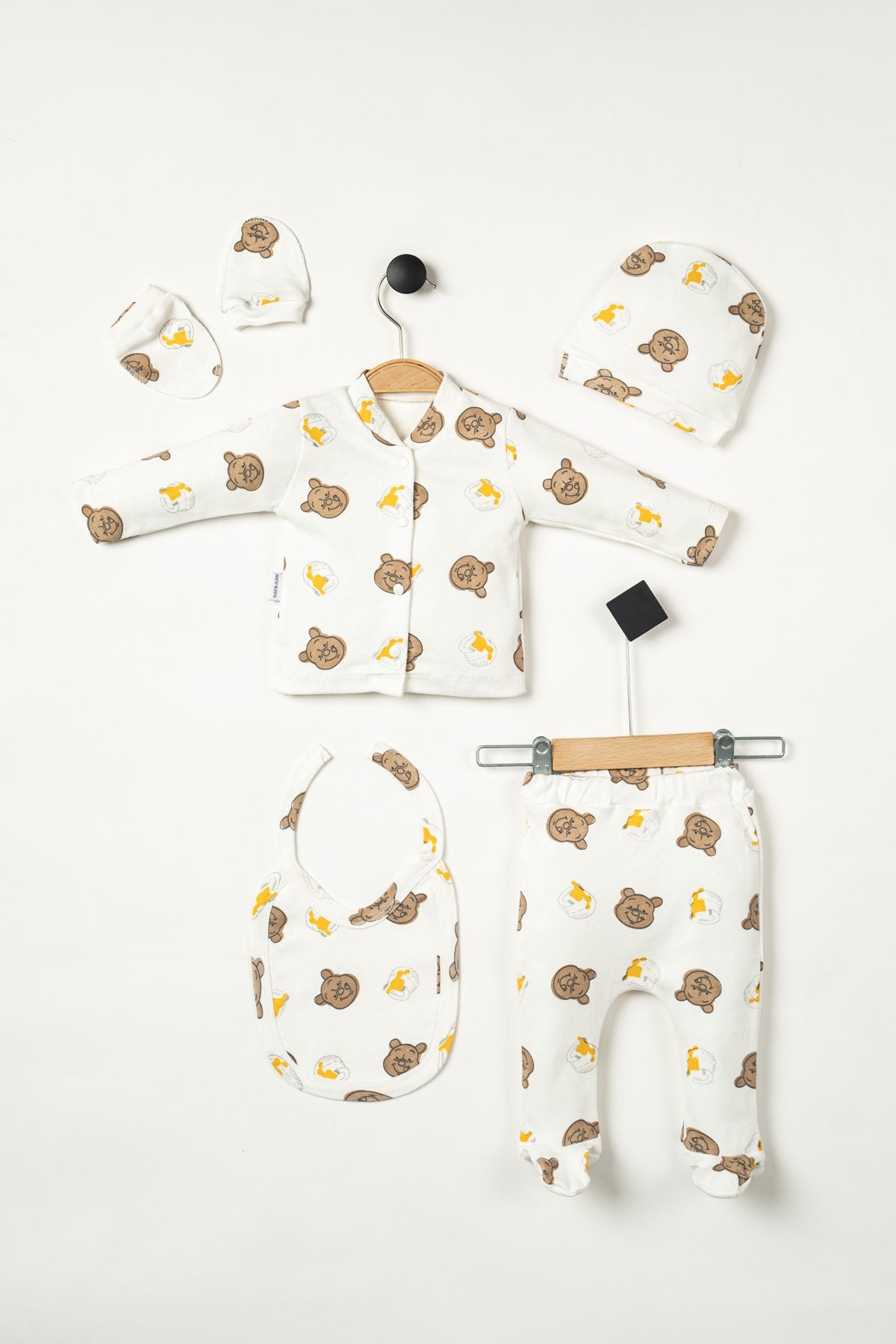 NEU KIDS Hastane Çıkış Setleri Ayıcık %100 Pamuklu 5'li Set Yenidoğan Bebek Kıyafetleri - Hediye Paketli