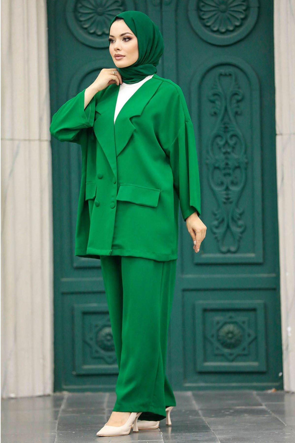 Neva Style - Blazer Ceketli Yeşil Tesettür İkili Takım 5927Y