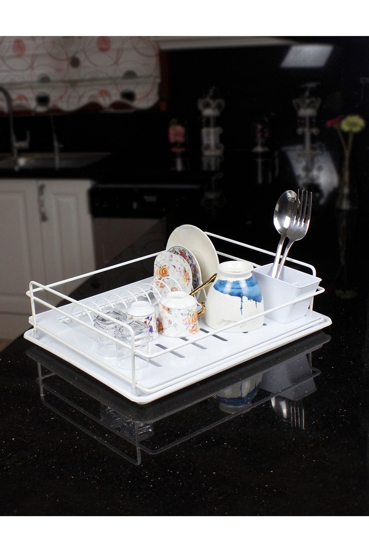 HIMYHOME Kristal Tepsili Modern Paslanmaz Bulaşıklık Beyaz Tabaklık Bulaşık Sepeti Mutfak Düzenleyici