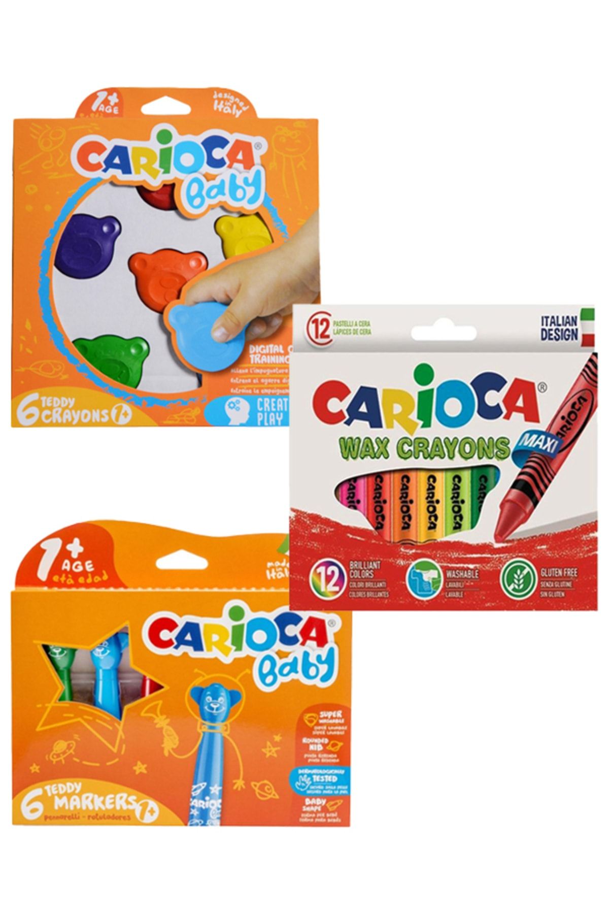 Carioca Teddy Şekilli Mum Boya - Carioca Teddy Keçeli Kalem - Carioca Wax Crayons 3 Adet Boyama Seti