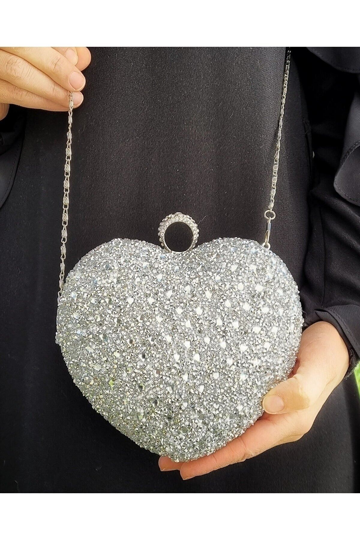 GP GUES POLO kadın gümüş kristal kalpli abiye çantası