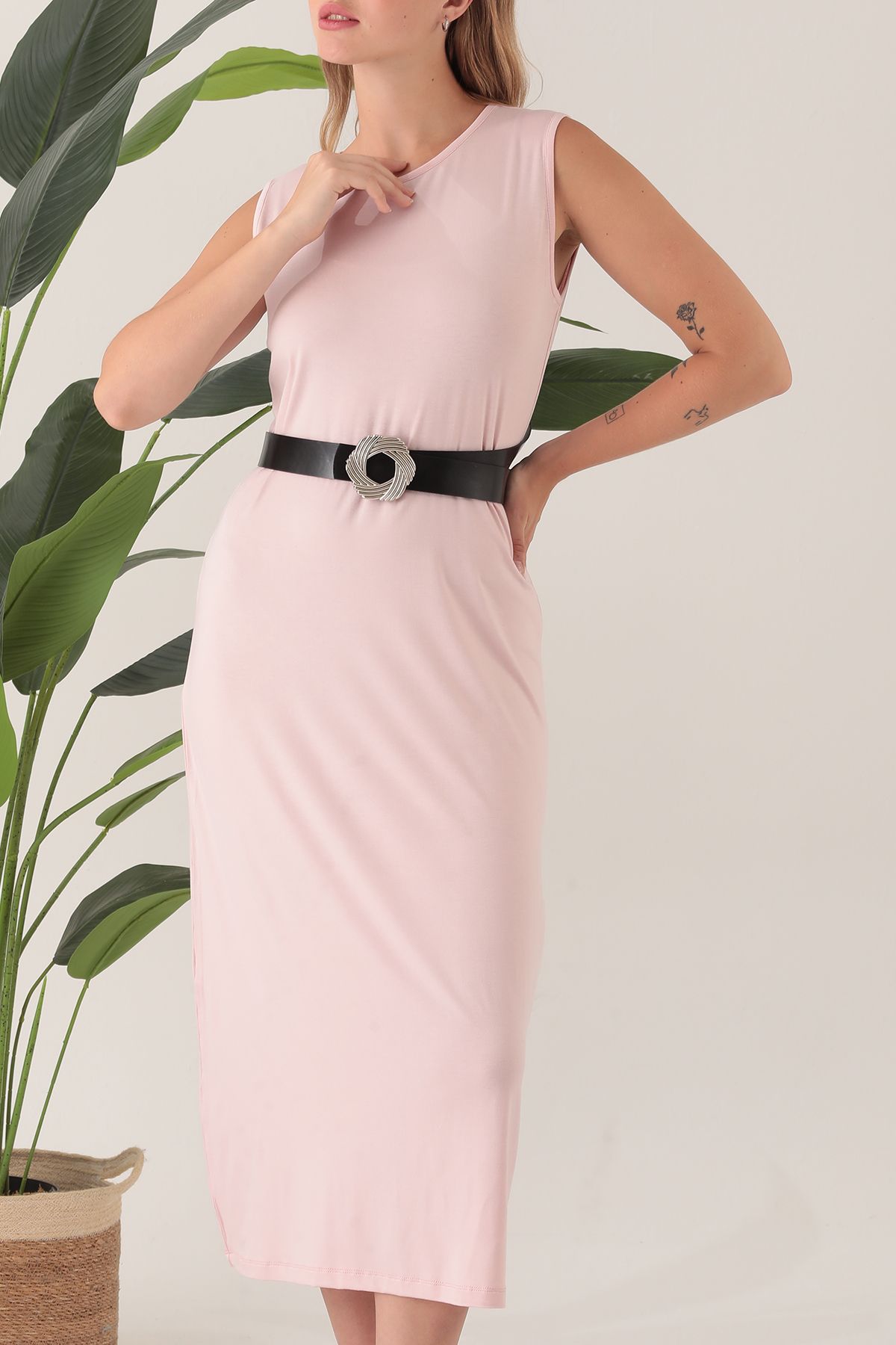 ESPİNA Kadın Kemerli Uzun Kolsuz poly viskon Günlük kurtarıcı Elbise
