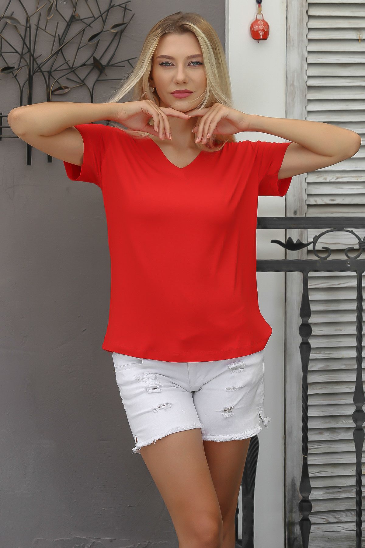 Chiccy Kırmızı V Yaka Kısa Kol Düz Renk Örme T-Shirt