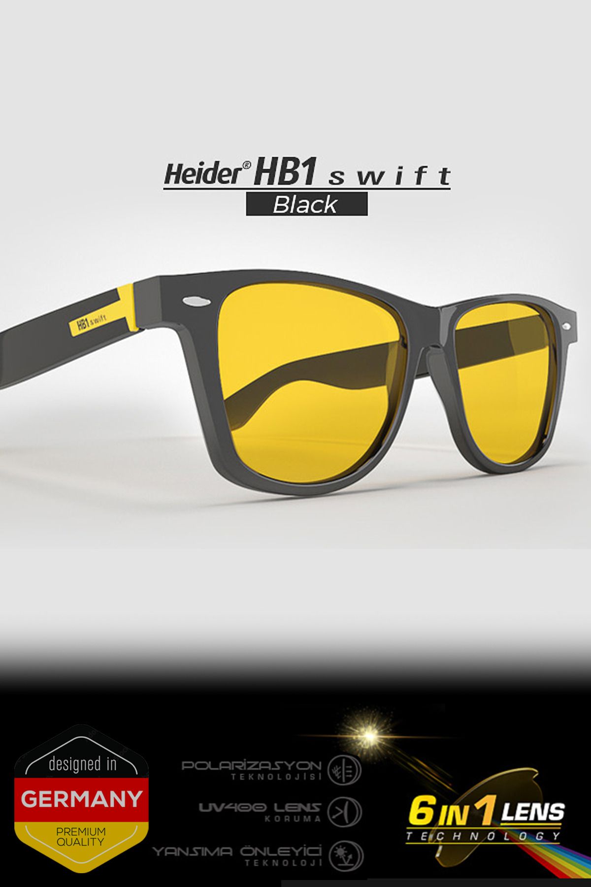 Heider Hb1 Swift Siyah Kasa Anti-glare Gece-gündüz Sürüş Gözlüğü - 6 Filtreli - Mavi Işık Korumalı