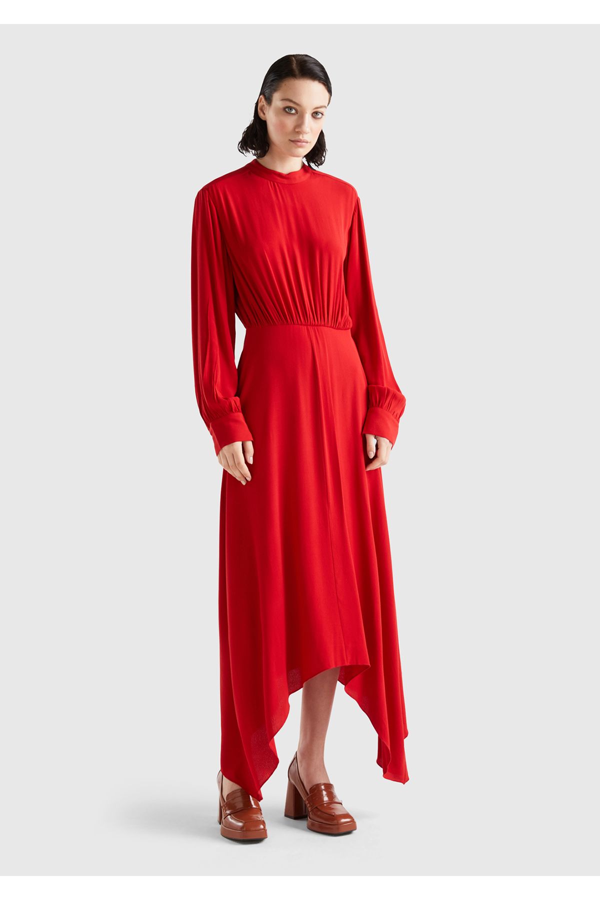 United Colors of Benetton Kadın 0V3 %100 Viskoz Uzun Kollu Sırtı Açık Elbise Vişne Çürüğü