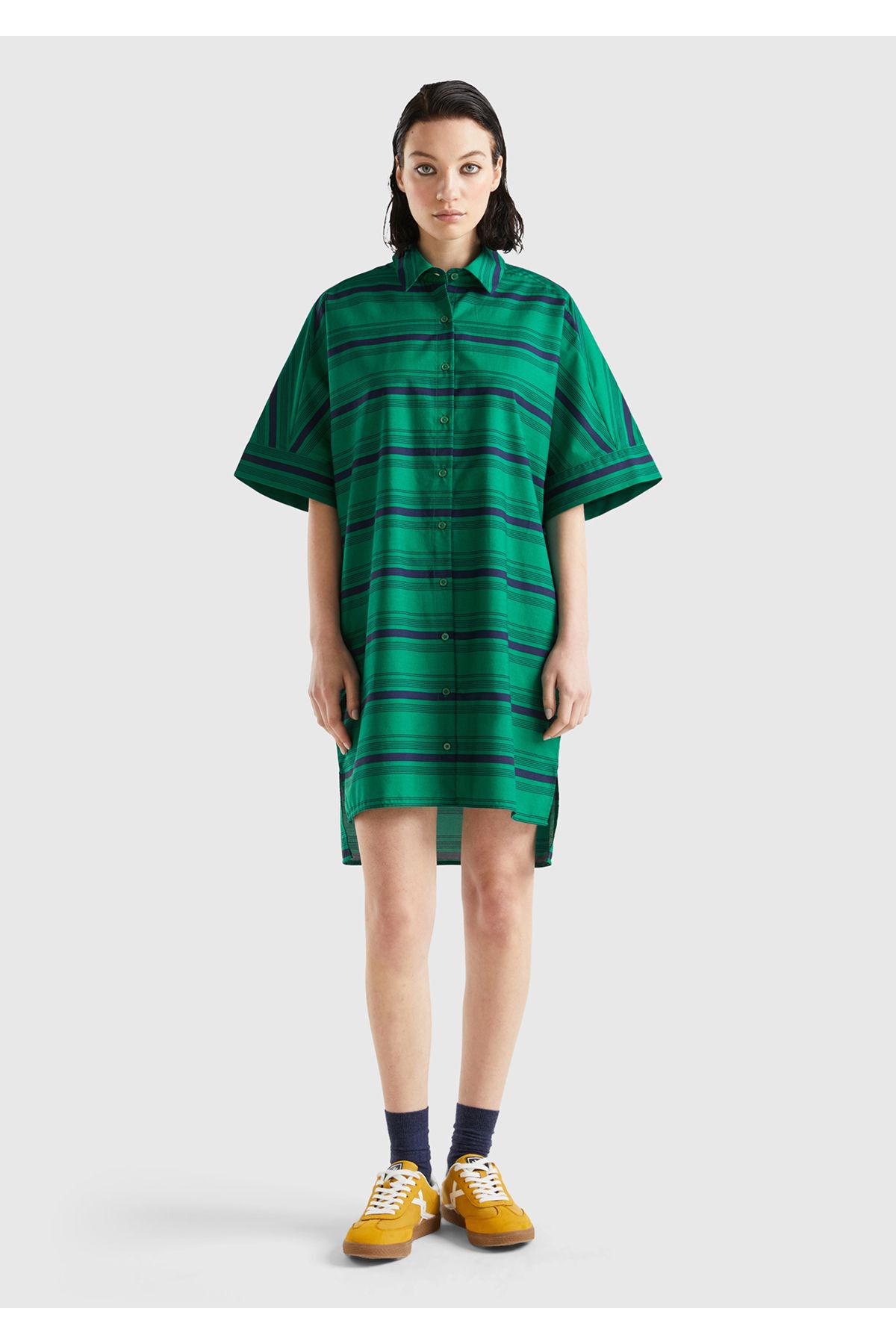 United Colors of Benetton Kadın Mix %100 Koton Gömlek Yaka Arkası Uzun Çizgili Elbise Yeşil-Mavi