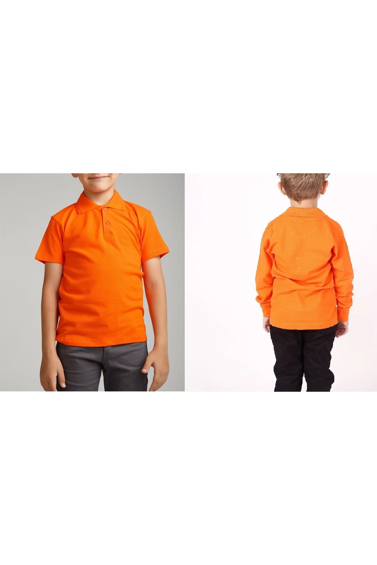 FATELLA Unısex Çocuk Kısa - Uzun Kol Normal Kalıp Polo Yaka Düz Renk Okul Penye Lakost T-shirt 2'li Paket