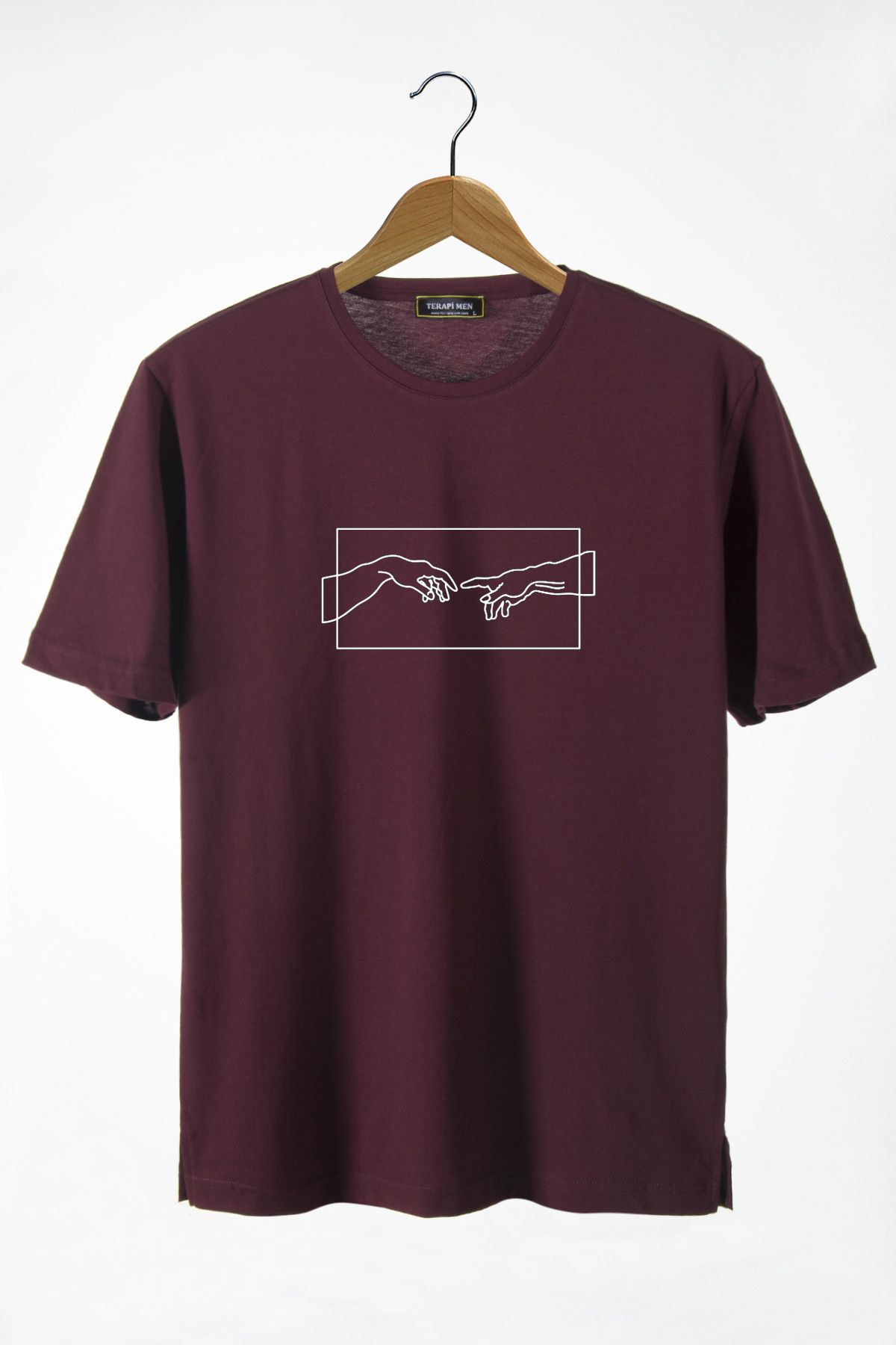 Terapi Men Unisex Bordo Önü Adem’in Yaratılışı El Baskılı Bisiklet Yaka Oversize Kalıp Basic Pamuklu T-Shirt