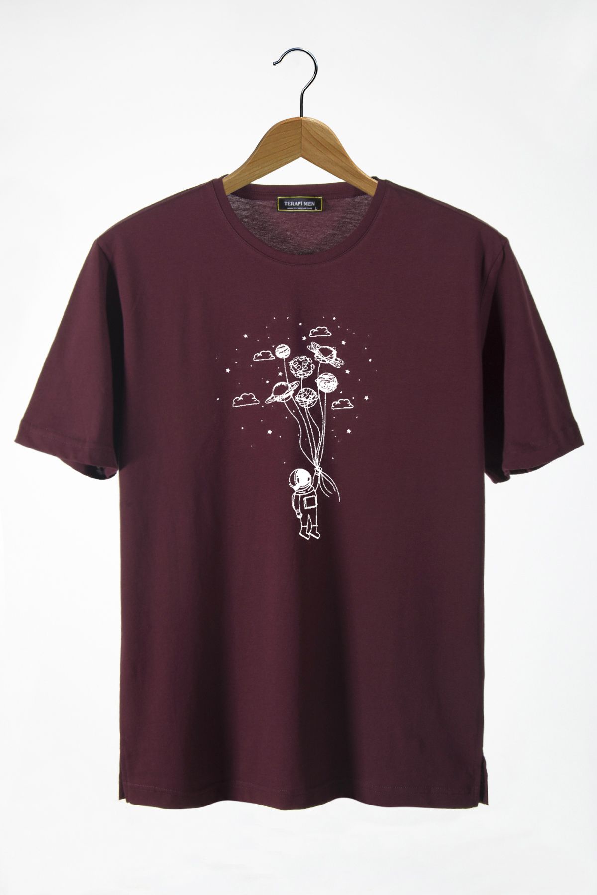 Terapi Men Unisex Bordo Önü Balon Baskılı Bisiklet Yaka Oversize Kalıp Basic Pamuklu T-Shirt