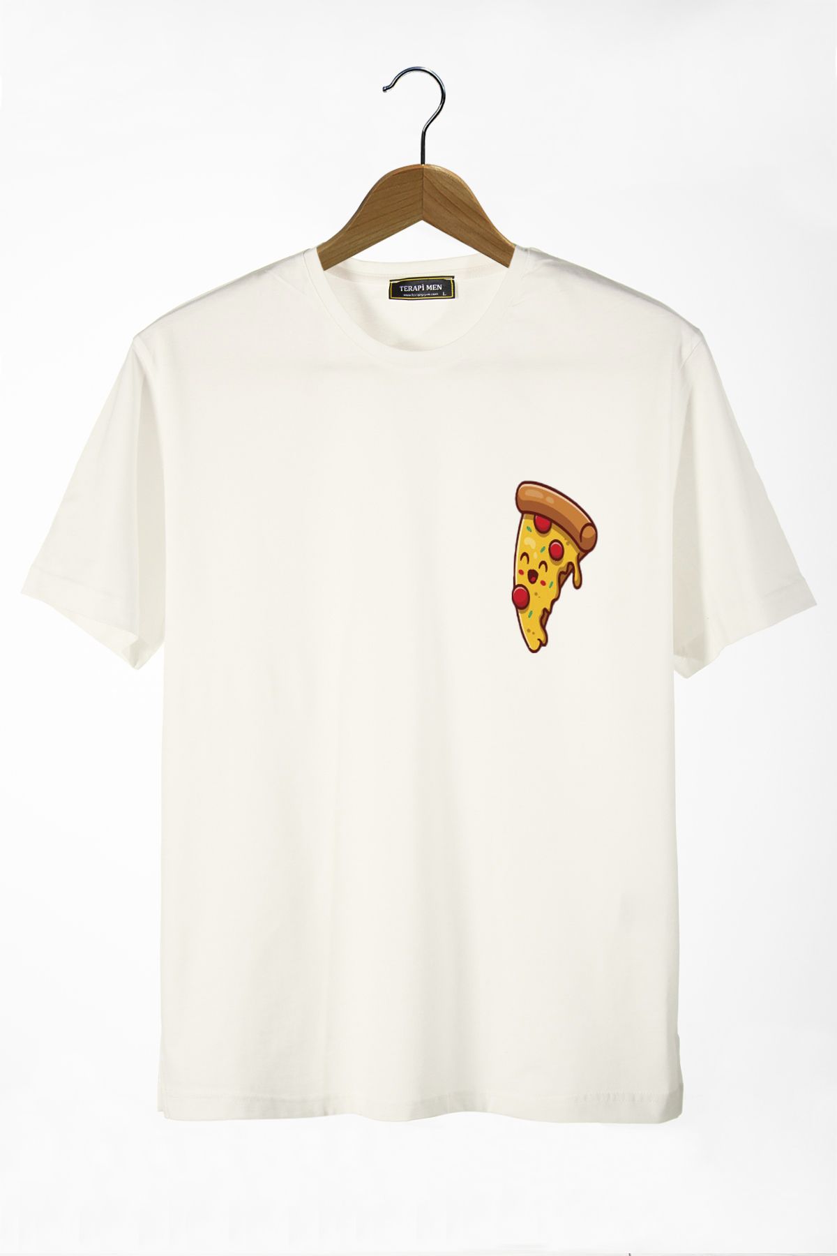 Terapi Men Unisex Ekru Önü Pizza Dilimi Baskılı Bisiklet Yaka Oversize Kalıp Basic Pamuklu T-Shirt